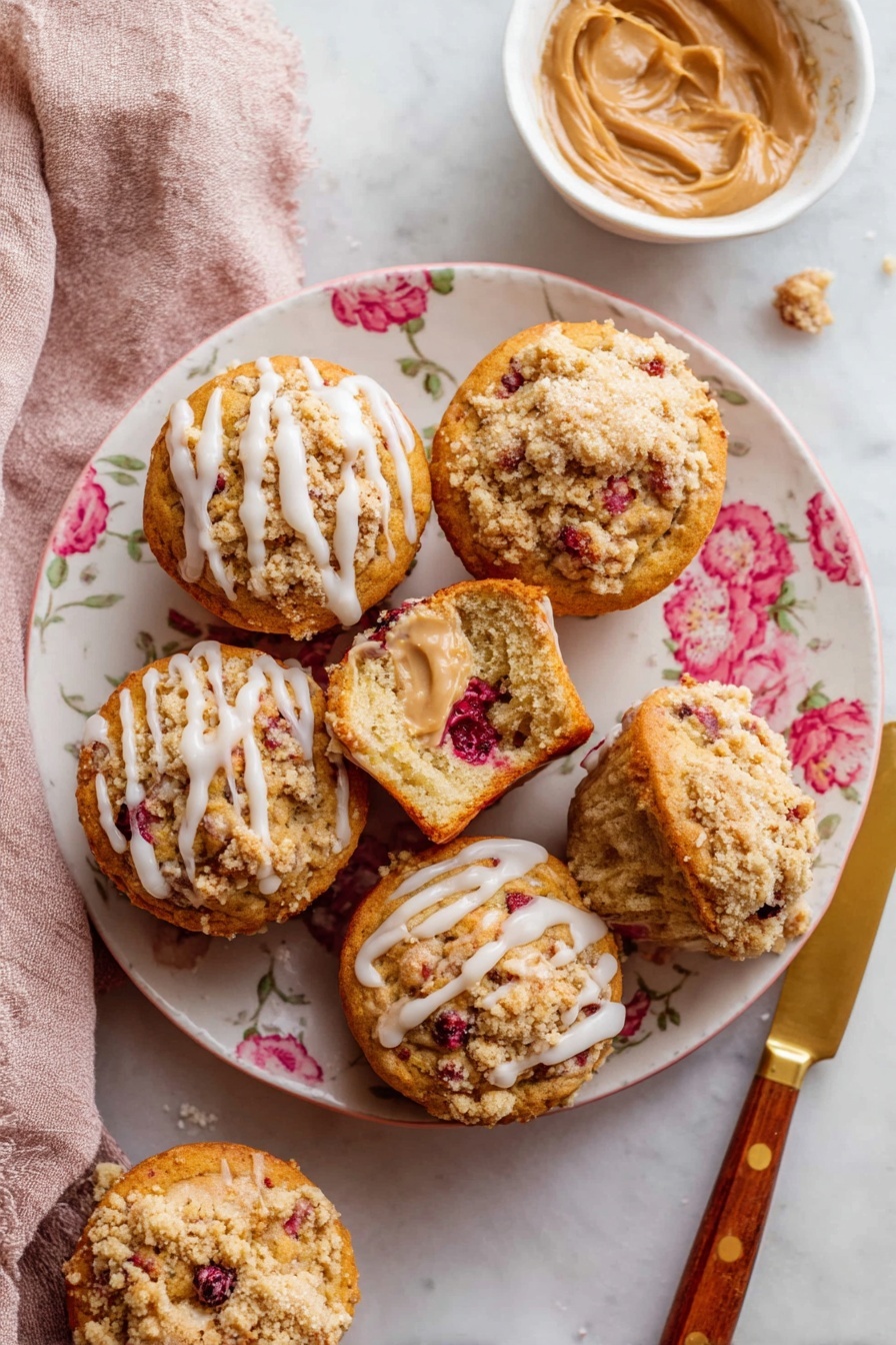 Cranberry Orange Muffins, cranberry orange muffin recipe, citrus breakfast muffins, quick cranberry muffins, easy fall muffin recipe - The image shows six golden-brown muffins on a white plate with pink floral patterns. Four muffins have crumbly streusel topping with white icing drizzled over, and two muffins have visible pieces of red berries inside. One muffin is broken open, revealing a soft, moist inside with berries and a dollop of light brown spread on top. Next to the plate is a small white bowl filled with the same light brown spread and a gold knife with a wooden handle resting on the white marbled surface nearby. The background features a white marbled texture with a folded light pink cloth in the corner. Photo taken with an iphone --ar 2:3 --v 7