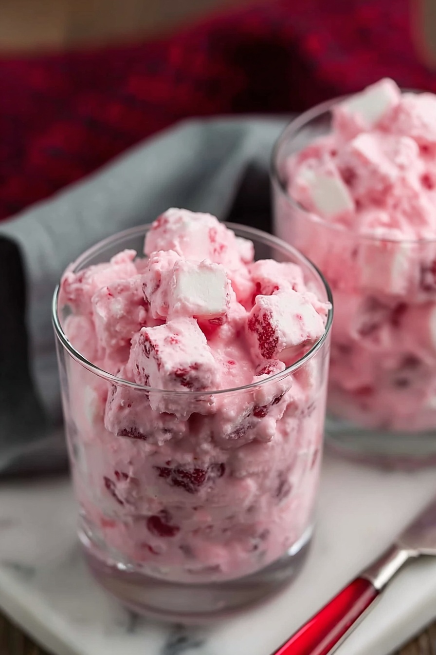 Cranberry Fluff Salad, holiday side recipes, festive Christmas salads, easy cranberry salad, creamy fruit salad - Two clear glasses filled with a creamy pink dessert are shown. The dessert has small white and pink cube shapes mixed with some red pieces, giving it a chunky texture. The pink cream coats the pieces fully, making the dessert look soft and fluffy. The glasses are placed on a white marbled surface with a blurred dark red cloth and a gray folded towel in the background. A silver knife with a red handle lies near the glasses. The focus is on the front glass with the second slightly out of focus behind it. photo taken with an iphone --ar 2:3 --v 7
