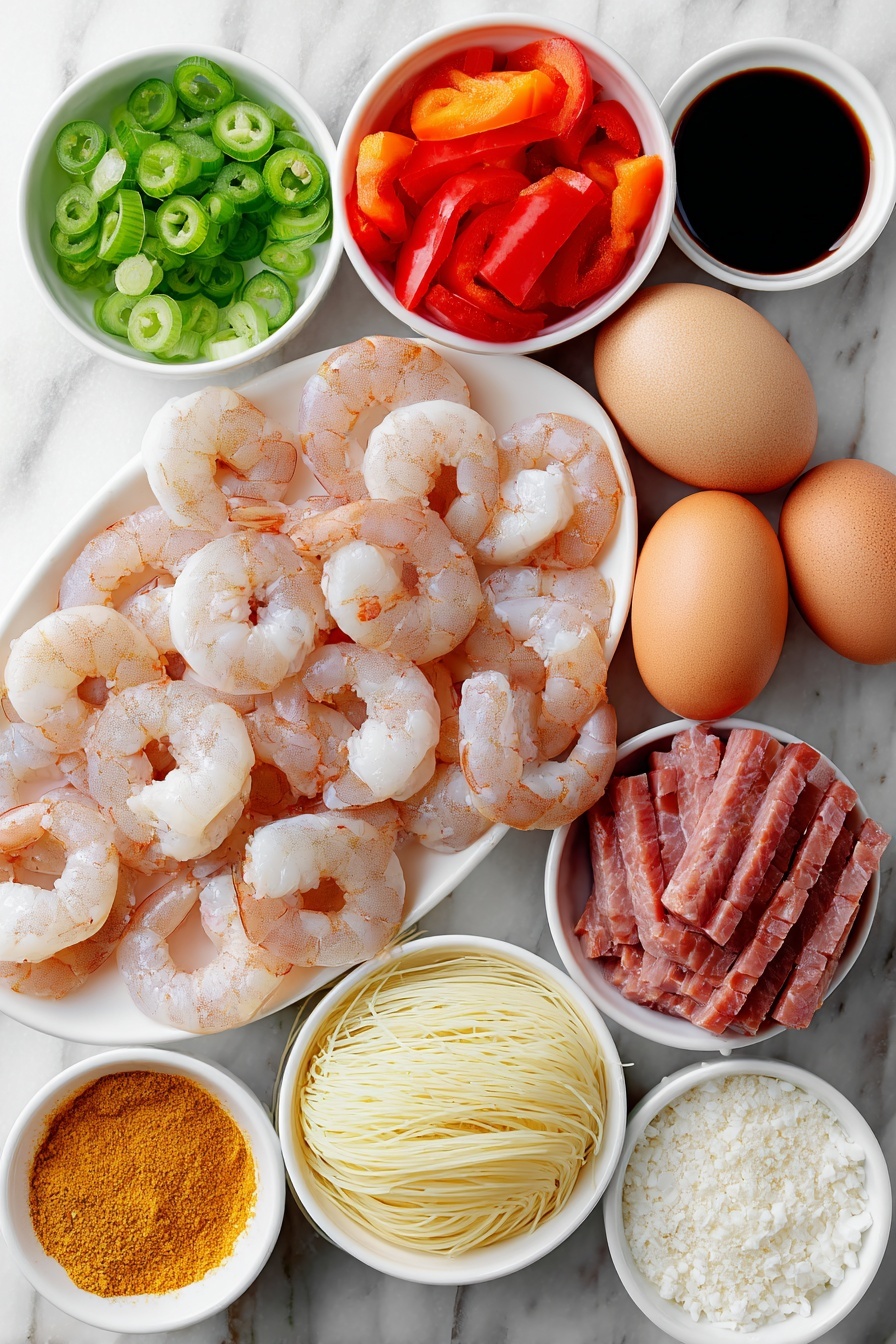 Singapore Noodles with Shrimp and Curry, quick Asian stir-fry, shrimp curry noodle recipe, easy Singapore noodle dish, flavorful rice vermicelli stir-fry - Flat lay of fresh medium raw shrimp with translucent shells, two whole uncracked brown eggs, thinly sliced yellow onion half, four whole garlic cloves, a small piece of fresh ginger root with a bit grated, thinly sliced Chinese barbecue pork (Char Siu) arranged neatly, one cup of bright red bell pepper chunks, a few thinly sliced hot green chili peppers, a small pile of dried rice vermicelli noodles, and three small white ceramic bowls containing soy sauce, Chinese cooking wine, and a golden curry powder mixed with white pepper and sugar, all placed in perfect symmetry on a clean white marble surface, soft natural light, photo taken with an iPhone, professional food photography style, fresh ingredients, white ceramic bowls, no bottles, no duplicates, no utensils, no packaging --ar 2:3 --v 7 --p m7354615311229779997