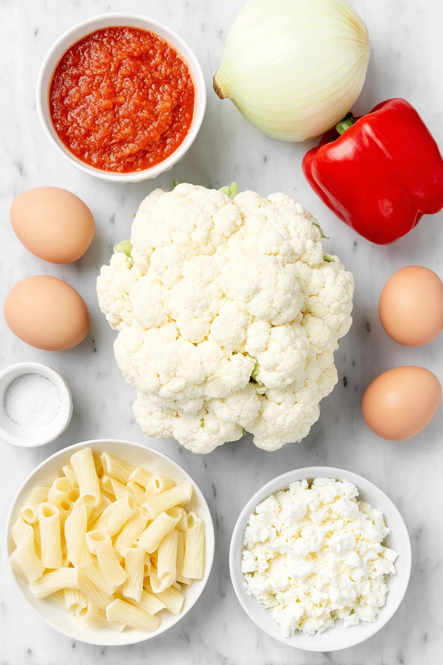 Roasted Vegetable Baked Ziti, baked ziti with roasted vegetables, healthy baked ziti recipe, cheesy roasted vegetable casserole, vegetarian baked ziti - Flat lay of a medium head of fresh cauliflower cut into bite-sized florets, a whole vibrant red bell pepper cut into 1-inch squares, a medium yellow onion sliced into wedges about half an inch wide, two whole uncracked brown eggs with clean shells, a few sprigs of fresh chopped basil, a small white ceramic bowl of bright red marinara sauce, a small white ceramic bowl filled with extra-virgin olive oil, a small white ceramic bowl with fine salt, a handful of ziti pasta tubes, a small white ceramic bowl of grated part-skim mozzarella cheese, and a small white ceramic bowl of cottage cheese, all arranged symmetrically and balanced, placed on a clean white marble surface, soft natural light, photo taken with an iPhone, professional food photography style, fresh ingredients, white ceramic bowls, no bottles, no duplicates, no utensils, no packaging --ar 2:3 --v 7 --p m7354615311229779997