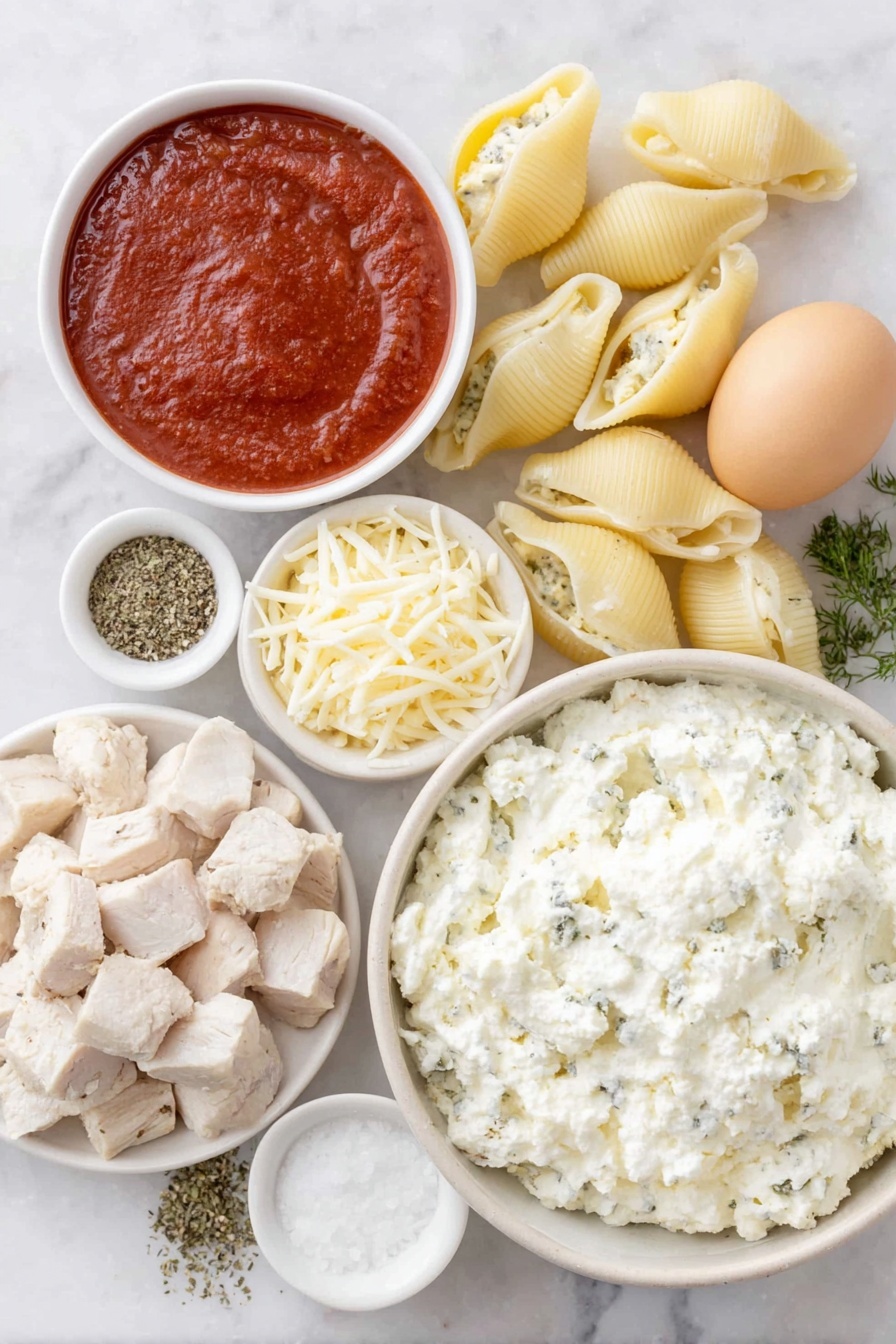 Cheesy Chicken Stuffed Shells, cheesy stuffed pasta, chicken pasta bake, baked stuffed shells, creamy chicken pasta - Flat lay of jumbo pasta shells arranged beside a mound of creamy ricotta cheese in a simple white ceramic bowl, shredded mozzarella cheese scattered loosely on the surface, grated Parmesan cheese in a small neat pile, cooked chicken breast diced into bite-sized pieces on a white ceramic plate, one whole uncracked brown egg, dried parsley and oregano sprinkled artfully on the marble, salt and black pepper in tiny white ceramic bowls, and a small white bowl filled with vibrant red pasta sauce, all placed on a clean white marble surface, soft natural light, photo taken with an iPhone, professional food photography style, fresh ingredients, white ceramic bowls, no bottles, no duplicates, no utensils, no packaging --ar 2:3 --v 7 --p m7354615311229779997