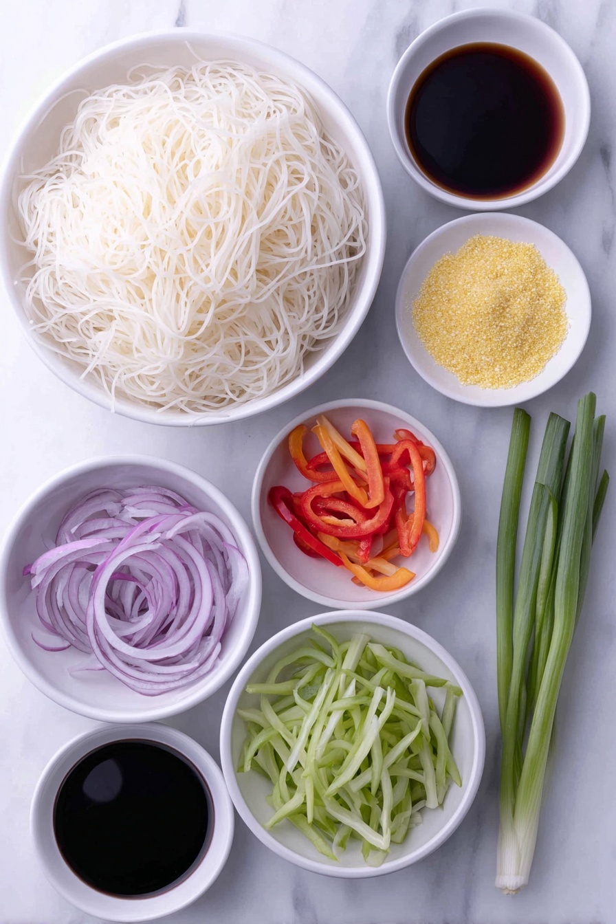 Easy Singapore Noodles, Singapore Noodles recipe, spicy noodle stir-fry, Asian noodle recipe, quick Asian dinners - Flat lay of a small pile of delicate white rice noodles, a handful of thinly sliced pale purple onion rings, slender strips of vibrant red and green bell pepper, a few bright orange carrot sticks finely sliced, crisp diced green French beans, a small mound of golden yellow curry powder, two small white ceramic bowls each with a light amber sesame oil and fiery red chili oil, another small white bowl with deep brown soy sauce, a small white bowl holding clear rice vinegar, a dollop of vivid red chili paste in a tiny white bowl, two fresh green onion stalks chopped into pieces, all arranged symmetrically on a clean white marble surface, soft natural light, photo taken with an iPhone, professional food photography style, fresh ingredients, white ceramic bowls, no bottles, no duplicates, no utensils, no packaging --ar 2:3 --v 7 --p m7354615311229779997