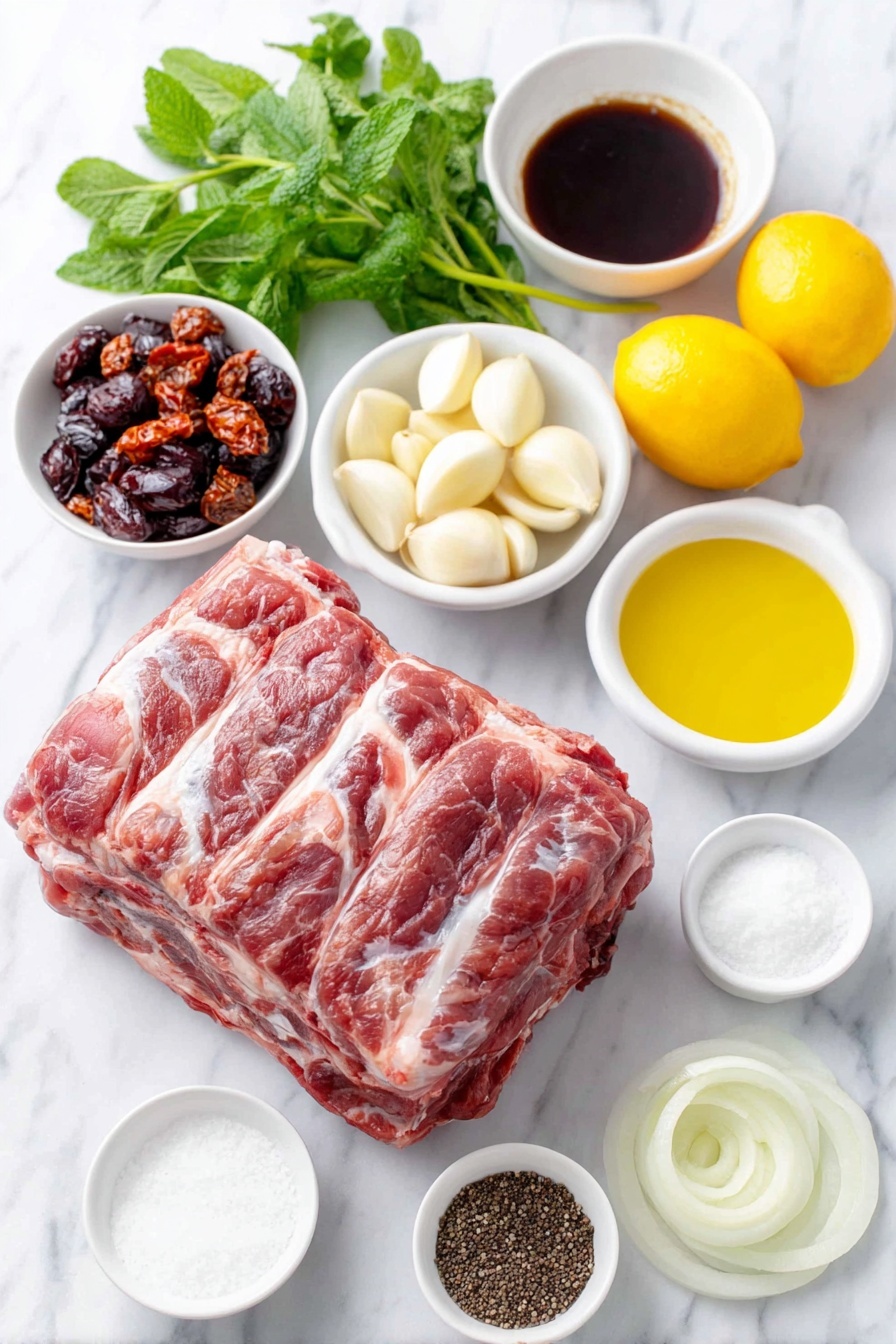 Slow Roasted Lamb Shoulder with Mint Sauce, Lamb Shoulder recipes, Roast Lamb shoulder, Mint sauce for lamb, Easy lamb roast recipe - Flat lay of a fresh bone-in lamb shoulder with a thick layer of fat, two large peeled yellow onions cut into thick rings, six whole uncracked garlic cloves, a few sprigs of fresh mint leaves, a small bunch of fresh parsley, chopped oil-packed sun dried tomatoes in a small white ceramic bowl, a small white bowl containing light golden olive oil, two whole bright yellow lemons, a small white bowl filled with dark Worcestershire sauce, a small white bowl with clear apple cider vinegar, a small white bowl of light brown low sodium soy sauce, a small white bowl of white granulated sugar, a small white bowl with hot water, and a small white bowl with freshly ground black peppercorns placed on a clean white marble surface, soft natural light, photo taken with an iPhone, professional food photography style, fresh ingredients, white ceramic bowls, no bottles, no duplicates, no utensils, no packaging --ar 2:3 --v 7 --p m7354615311229779997