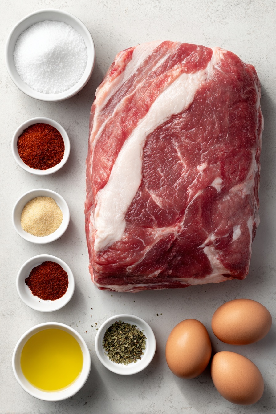 Slow Cooker Pulled Pork, Tender Pulled Pork Recipes, Easy Pulled Pork Dinner, Juicy Slow Cooker Pork, Best Pulled Pork Method - Flat lay of a large raw pork shoulder with visible fat cap, a small white ceramic bowl of coarse kosher salt, a small white ceramic bowl of ground black pepper, a small white ceramic bowl of vibrant red paprika powder, a small white ceramic bowl of pale yellow garlic powder, a small white ceramic bowl of off-white onion powder, a small white ceramic bowl of deep red chili powder, a small white ceramic bowl of bright reddish cayenne pepper, a small white ceramic bowl of light brown cumin powder, a small white ceramic bowl of muted yellow dry mustard powder, a small white ceramic bowl of packed dark brown sugar, a small white ceramic bowl of golden olive oil, a small white ceramic bowl of clear liquid smoke, a small white ceramic bowl of light yellow vegetable oil, and three whole uncracked brown eggs, all arranged in perfect symmetry on a clean white marble surface, soft natural light, photo taken with an iPhone, professional food photography style, fresh ingredients, white ceramic bowls, no bottles, no duplicates, no utensils, no packaging --ar 2:3 --v 7 --p m7354615311229779997