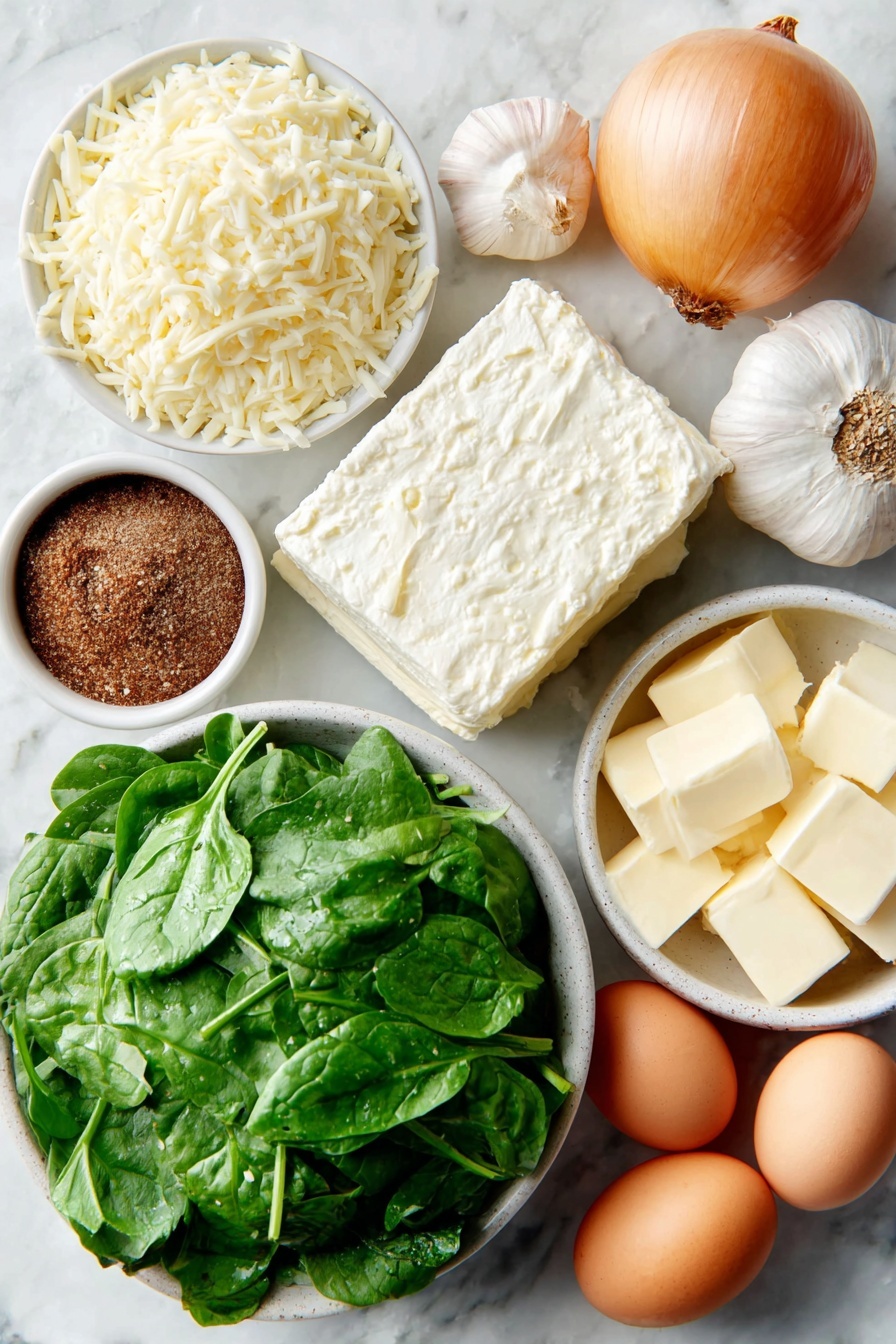 Creamed Spinach, creamed spinach side dish, cheesy creamed spinach, easy creamed spinach recipe, creamy spinach sides - Flat lay of fresh bright green chopped spinach leaves loosely piled in a simple white ceramic bowl, a small white bowl of creamy mozzarella cheese shreds, a small white bowl of grated pale parmesan cheese, a medium unpeeled yellow onion whole and round, six plump whole garlic cloves arranged neatly, a small square block of smooth cream cheese resting on a white dish, a small white bowl filled with thick heavy cream, a few pats of rich yellow butter, a tiny white bowl containing freshly ground nutmeg powder, whole clean uncracked brown eggs placed nearby for scale, coarse sea salt crystals and freshly cracked black peppercorns scattered symmetrically on the surface, all placed on a clean white marble surface, soft natural light, photo taken with an iPhone, professional food photography style, fresh ingredients, white ceramic bowls, no bottles, no duplicates, no utensils, no packaging --ar 2:3 --v 7 --p m7354615311229779997