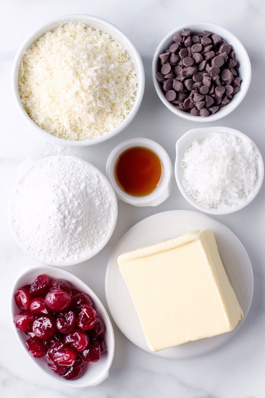 Cherry Bourbon Balls, bourbon cherry treats, chocolate cherry candies, adult holiday desserts, easy bourbon ball recipes - Flat lay of finely chopped pecans in a simple white ceramic bowl, a small white bowl of amber bourbon, a small white bowl with finely chopped bright red maraschino cherries, a chunk of softened pale yellow butter on a white ceramic plate, powdered sugar mounded in a small white ceramic bowl, glossy semi-sweet chocolate chips spilling slightly in a white bowl, a small white bowl with smooth white coconut oil, and vibrant red candied cherry halves arranged neatly on a separate white ceramic dish, placed on a clean white marble surface, soft natural light, photo taken with an iPhone, professional food photography style, fresh ingredients, white ceramic bowls, no bottles, no duplicates, no utensils, no packaging --ar 2:3 --v 7 --p m7354615311229779997