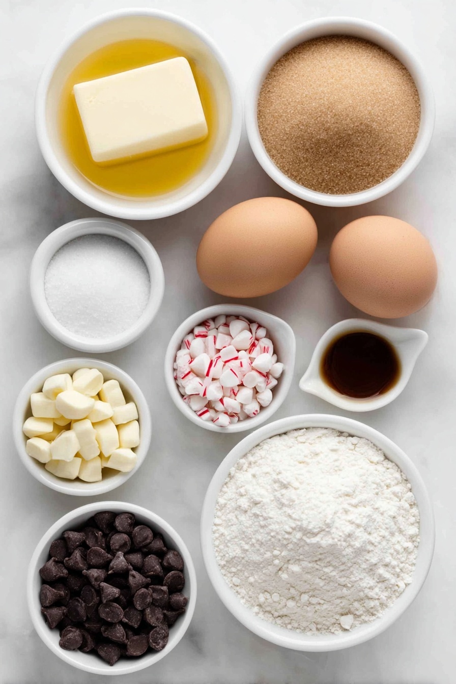 Peppermint Bark Brownies, festive holiday brownies, peppermint chocolate dessert, fudgy brownie recipe, Christmas treat recipes - Flat lay of two large whole brown eggs with clean shells, a small white ceramic bowl of melted golden butter, a small white ceramic bowl filled with light brown sugar, a small white ceramic bowl of white granulated sugar, a small white ceramic bowl holding pale amber vanilla extract, a small white ceramic bowl containing translucent peppermint extract, a small white ceramic bowl of fine all-purpose flour, a small white ceramic bowl of dark unsweetened cocoa powder, a small white ceramic bowl with fine white salt, a small pile of semi-sweet chocolate chips, a small pile of white chocolate chips, a small white ceramic bowl of clear coconut oil, and a small mound of crushed round peppermint candies in red and white colors, all arranged symmetrically on a clean white marble surface, soft natural light, photo taken with an iPhone, professional food photography style, fresh ingredients, white ceramic bowls, no bottles, no duplicates, no utensils, no packaging --ar 2:3 --v 7 --p m7354615311229779997