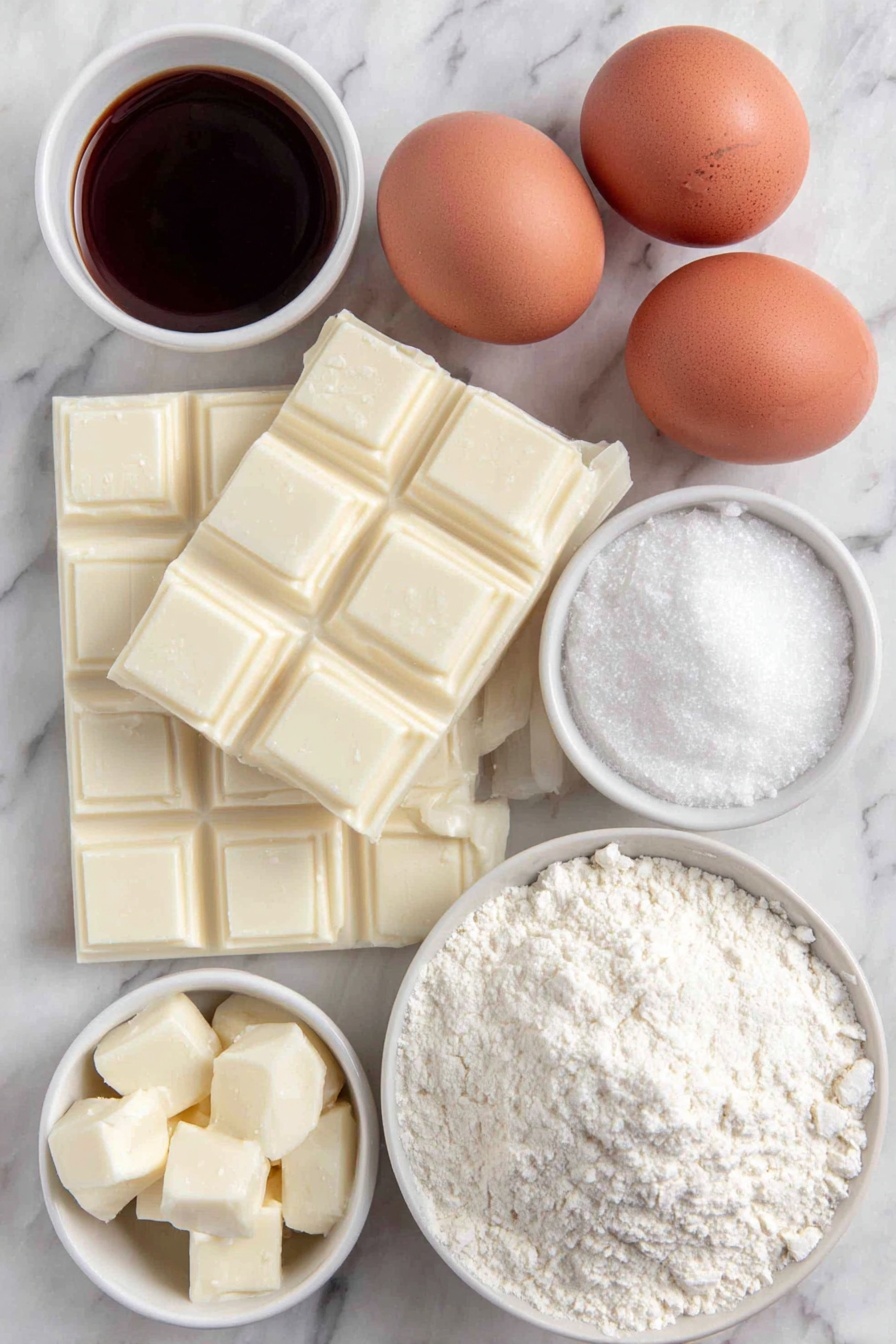 White Chocolate Brownie Bars, White Chocolate Brownie recipe, Easy White Chocolate Brownies, White chocolate dessert bars, Chocolate and White Chocolate Brownie - Flat lay of chopped white chocolate bars, small cubes of unsalted butter, two whole brown eggs with clean shells, two whole egg yolks in a small white ceramic bowl, granulated white sugar in a small white ceramic bowl, vanilla extract in a small white ceramic bowl, all-purpose flour in a small white ceramic bowl, a small white ceramic bowl of salt, all arranged with perfect symmetry and balanced proportions, placed on a clean white marble surface, soft natural light, photo taken with an iPhone, professional food photography style, fresh ingredients, white ceramic bowls, no bottles, no duplicates, no utensils, no packaging --ar 2:3 --v 7 --p m7354615311229779997