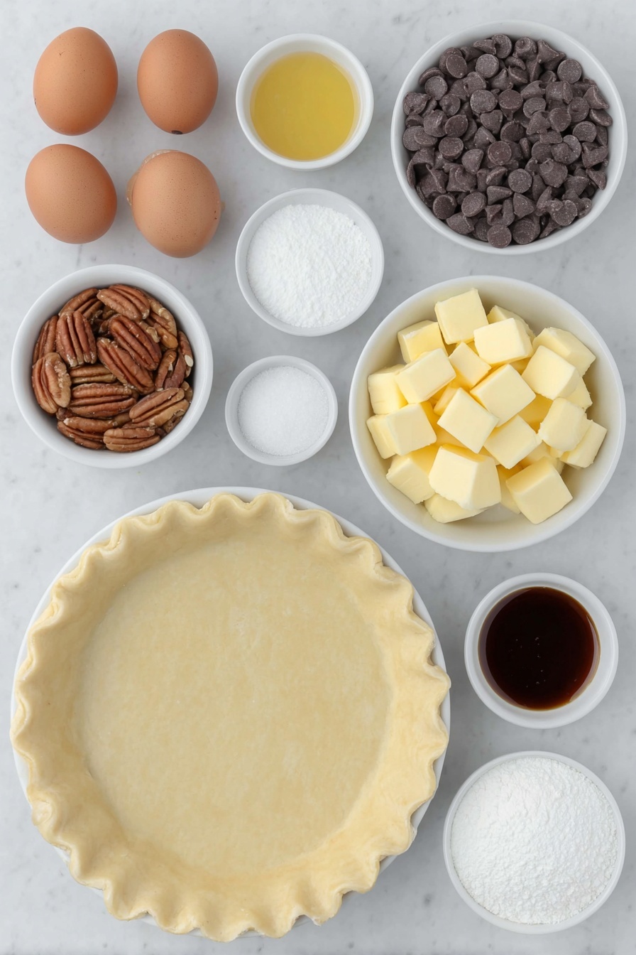 Chocolate Bourbon Pecan Pie, bourbon pecan pie, chocolate pecan pie, festive pecan pie, easy bourbon pie - Flat lay of whole uncracked brown eggs with clean shells, a small cluster of fresh whole pecans, a small white ceramic bowl filled with glossy semisweet chocolate chips, a small white ceramic bowl holding golden unsalted butter cubes, a small white ceramic bowl with granulated white sugar, a small white ceramic bowl containing viscous light corn syrup, a small white ceramic bowl with rich amber bourbon, a small white ceramic bowl with pure vanilla extract, and a small white ceramic bowl with coarse kosher salt, one perfectly formed unbaked pie crust dough disk resting flat, all ingredients arranged in perfect symmetry on a clean white marble surface, soft natural light, photo taken with an iPhone, professional food photography style, fresh ingredients, white ceramic bowls, no bottles, no duplicates, no utensils, no packaging --ar 2:3 --v 7 --p m7354615311229779997