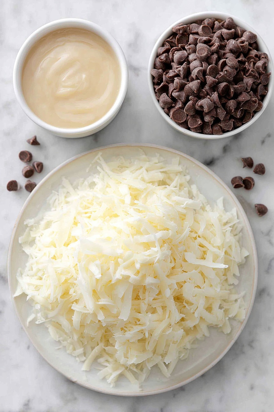 Coconut Macaroons with Condensed Milk, easy coconut macaroons, no-bake coconut treats, chewy coconut cookies, homemade coconut desserts - Flat lay of sweetened shredded coconut piled loosely on a simple white ceramic plate, a small white bowl filled with thick sweetened condensed milk, a neat pile of shiny semi-sweet chocolate chips on a white ceramic dish, placed on a clean white marble surface, soft natural light, photo taken with an iPhone, professional food photography style, fresh ingredients, white ceramic bowls, no bottles, no duplicates, no utensils, no packaging --ar 2:3 --v 7 --p m7354615311229779997