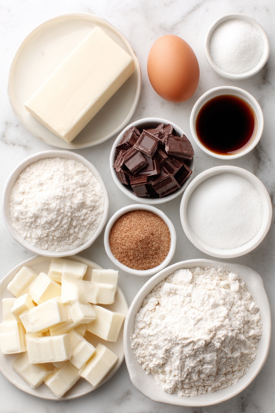 Eggnog Snickerdoodle Thumbprint Cookies, festive holiday cookies, eggnog white chocolate ganache cookies, cinnamon thumbprint cookies, holiday dessert recipes - Flat lay of unsalted butter stick with a smooth surface, light brown sugar in a small white ceramic bowl, white granulated sugar in a small white ceramic bowl, one medium egg with an uncracked clean shell, a small white ceramic bowl of vanilla extract, a mound of all purpose flour with a soft texture, a small white ceramic bowl of kosher salt, a small white ceramic bowl of baking soda, a small white ceramic bowl of cream of tartar, a small white ceramic bowl containing granulated sugar mixed with ground cinnamon, chopped white chocolate pieces in a small white ceramic bowl, a small white ceramic bowl of eggnog, a small white ceramic bowl of dark rum, freshly grated nutmeg piled on a small white ceramic plate placed on a clean white marble surface, soft natural light, photo taken with an iPhone, professional food photography style, fresh ingredients, white ceramic bowls, no bottles, no duplicates, no utensils, no packaging --ar 2:3 --v 7 --p m7354615311229779997