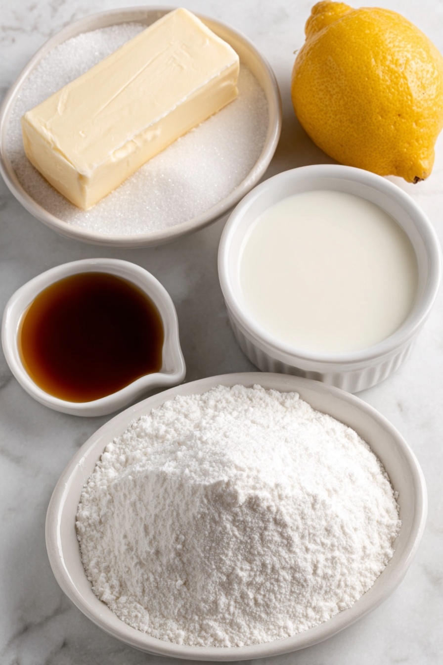 Easy Buttercream Frosting, creamy buttercream frosting, simple frosting recipe, homemade buttercream, fluffy frosting - Flat lay of a small mound of fine white confectioner’s sugar, a stick of soft pale yellow butter with a smooth surface, a small white bowl of clear milk, a small white bowl of golden vanilla extract, and a fresh whole lemon with bright yellow skin, all arranged symmetrically in simple white ceramic bowls and plates, placed on a clean white marble surface, soft natural light, photo taken with an iPhone, professional food photography style, fresh ingredients, white ceramic bowls, no bottles, no duplicates, no utensils, no packaging --ar 2:3 --v 7 --p m7354615311229779997