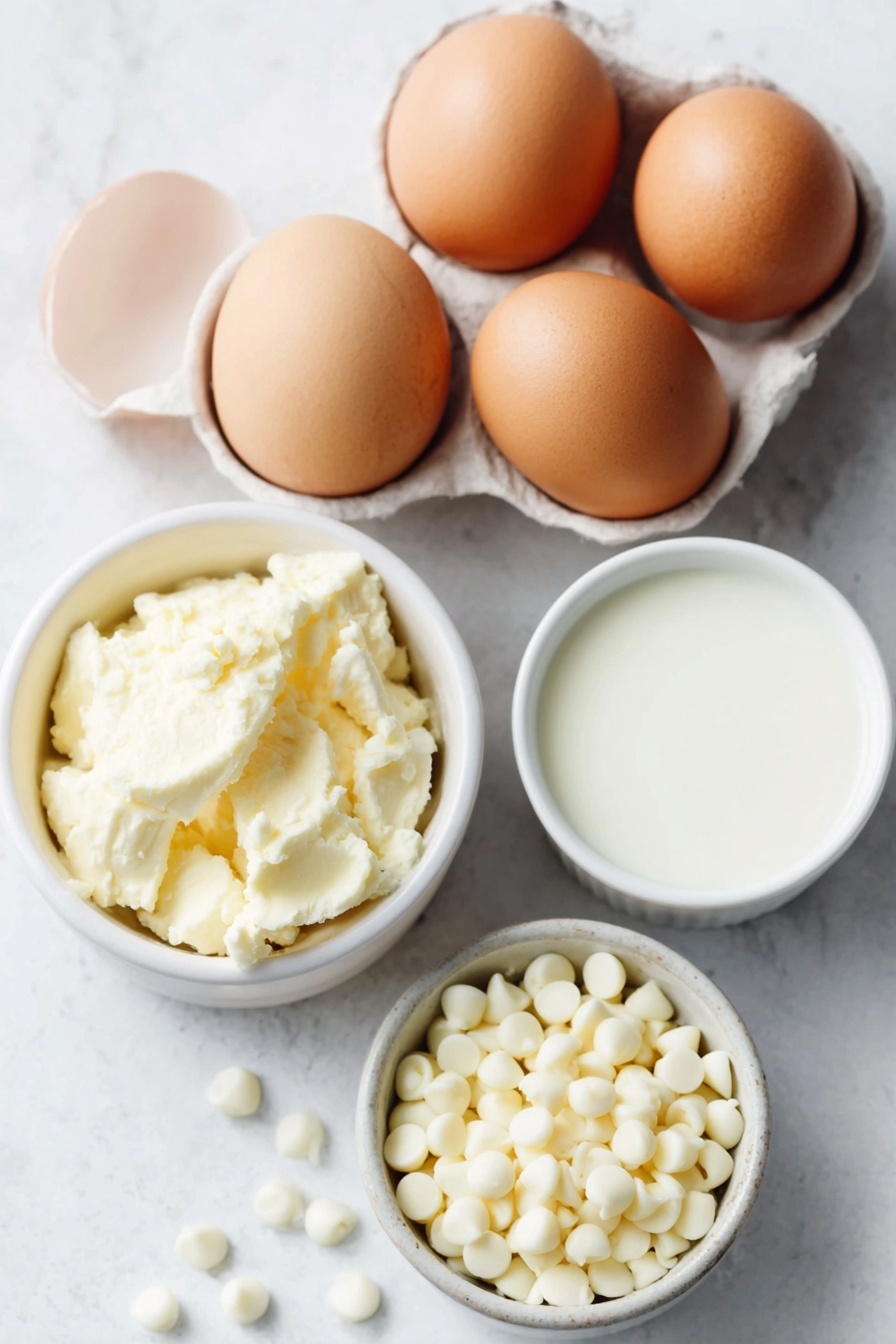 Creamy White Hot Chocolate, white hot chocolate recipe, cozy hot chocolate, easy white hot chocolate, rich white chocolate drink - Flat lay of fresh whole brown eggs with clean shells, a small white ceramic bowl filled with smooth white chocolate chips, a small white ceramic bowl holding creamy milk, a small white ceramic bowl containing clear vanilla extract, all perfectly arranged in balanced symmetry, placed on a clean white marble surface, soft natural light, photo taken with an iPhone, professional food photography style, fresh ingredients, white ceramic bowls, no bottles, no duplicates, no utensils, no packaging --ar 2:3 --v 7 --p m7354615311229779997