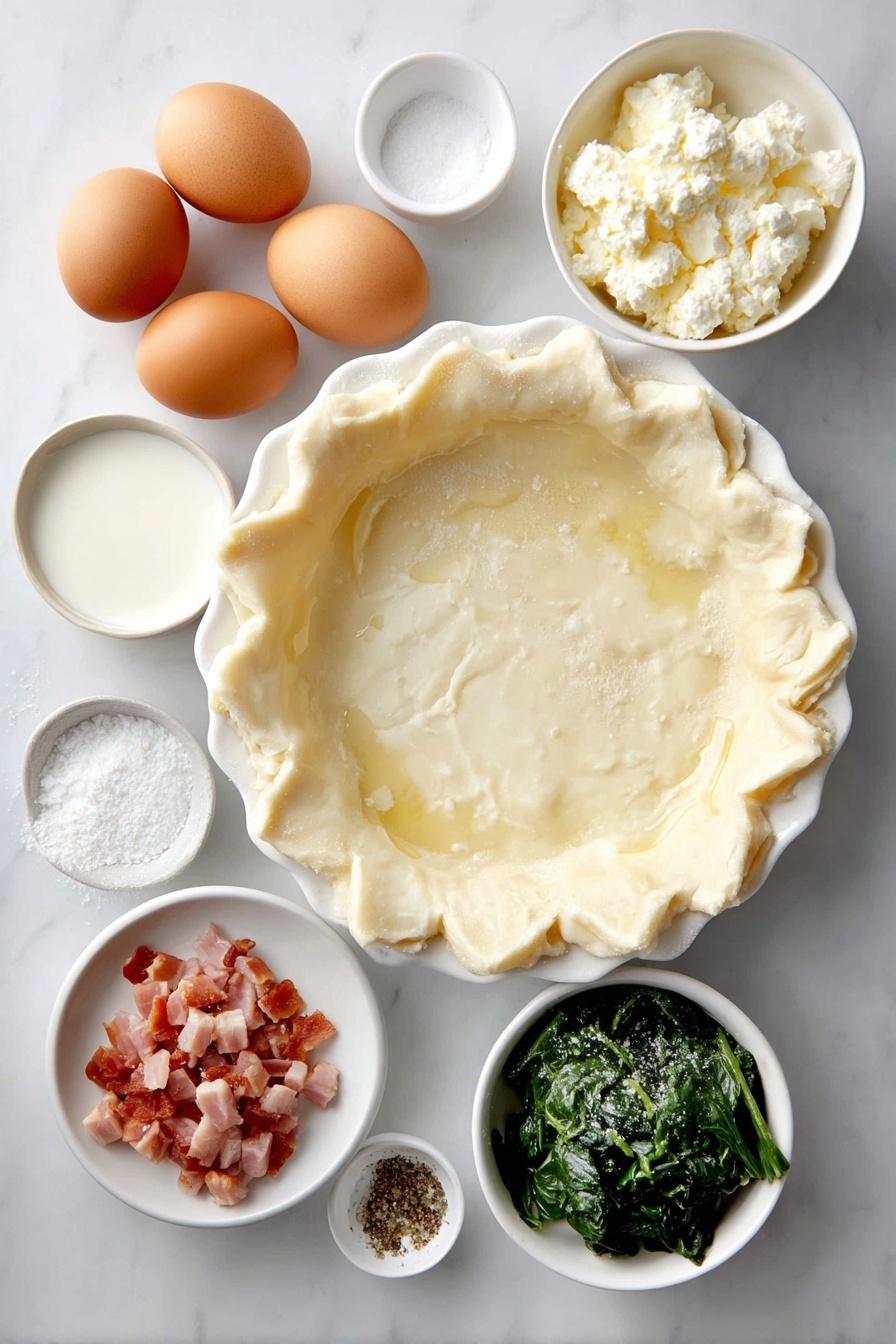 Cheese Quiche, savory brunch dishes, cheesy breakfast recipes, easy quiche recipe, flaky crust quiche - Flat lay of one unbaked flaky pie crust in a simple white ceramic 9-inch pie dish, four whole brown eggs with clean shells, a small white bowl of whole milk, a small white bowl of heavy cream, a small white bowl of fine sea salt, a small white bowl of ground black pepper, a small white bowl with crumbled feta cheese, a small pile of cooked cubed ham, a small pile of sautéed chopped spinach glistening with a slight drizzle of olive oil, all arranged symmetrically and naturally on a clean white marble surface, soft natural light, photo taken with an iPhone, professional food photography style, fresh ingredients, white ceramic bowls, no bottles, no duplicates, no utensils, no packaging --ar 2:3 --v 7 --p m7354615311229779997