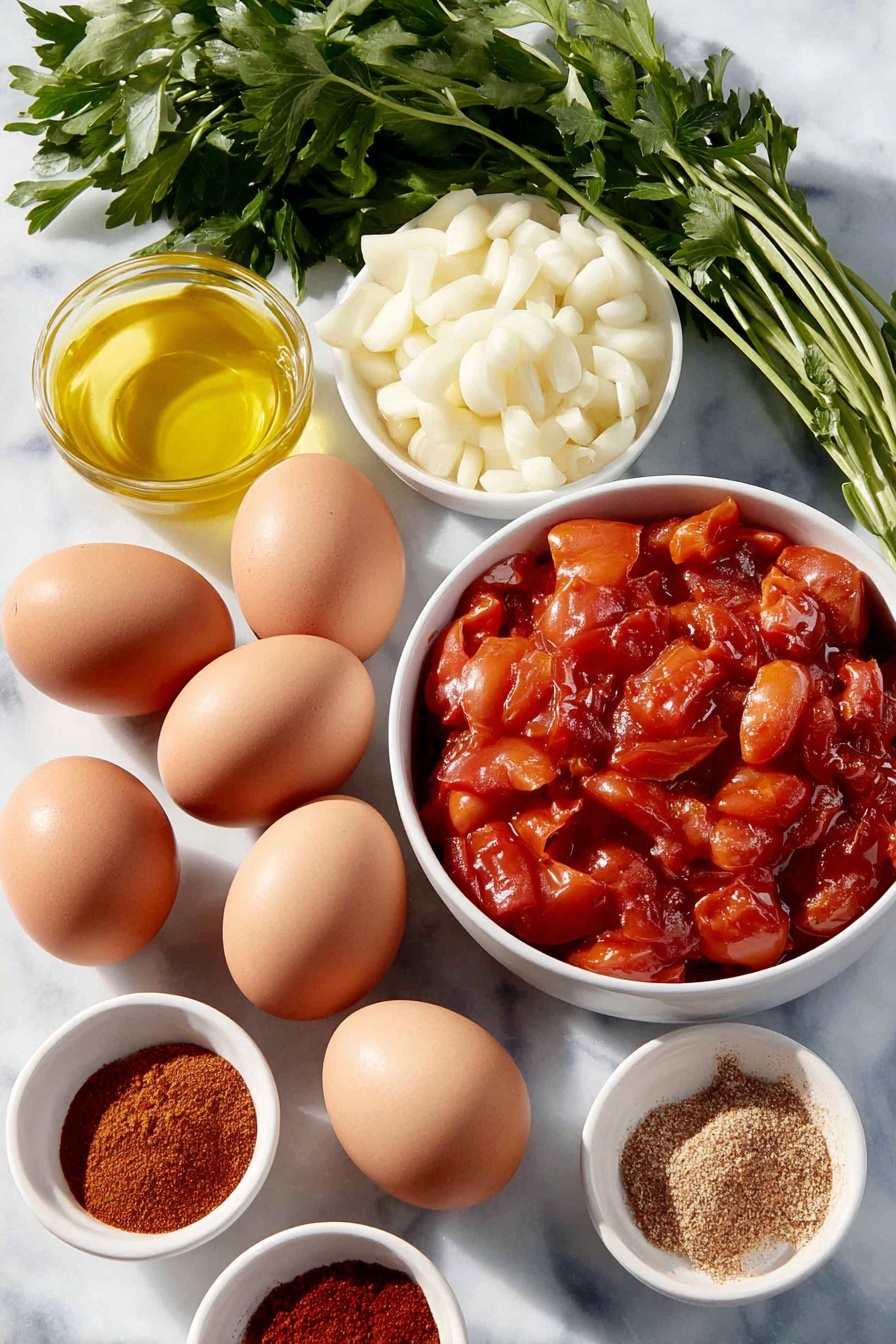Easy Shakshuka Eggs and Tomatoes, shakshuka breakfast ideas, simple shakshuka recipe, healthy egg dishes, flavorful tomato sauce recipes - Flat lay of a small white ceramic bowl filled with golden olive oil, a medium peeled and diced white onion, a whole red bell pepper cut into chunks, four peeled garlic cloves, a small white bowl containing vibrant red paprika powder, a small white bowl with earthy brown cumin powder, a tiny white bowl holding fine red chili powder, a simple white ceramic bowl with whole peeled tomatoes in rich red juice, six whole large brown eggs with clean shells, a few sprigs of fresh green cilantro, and a few sprigs of fresh bright green parsley all arranged symmetrically and balanced, placed on a clean white marble surface, soft natural light, photo taken with an iPhone, professional food photography style, fresh ingredients, white ceramic bowls, no bottles, no duplicates, no utensils, no packaging --ar 2:3 --v 7 --p m7354615311229779997