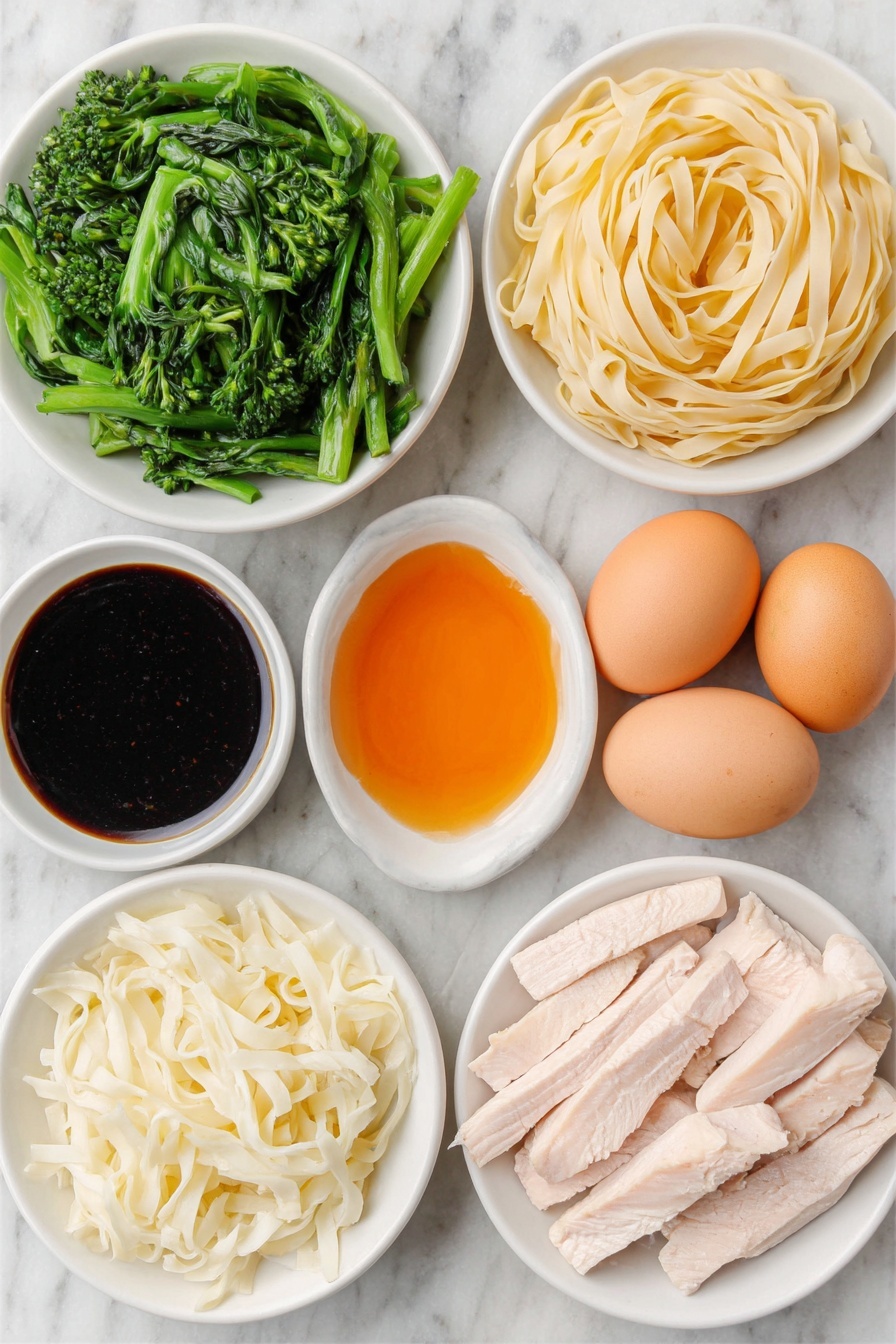 Quick Thai Pad See Ew Stir Fry, Thai noodle stir fry, easy Pad See Ew recipe, Thai street food at home, quick weeknight Thai dinner - Flat lay of wide dried rice noodles loosely coiled, fresh raw chicken breast sliced into strips, vibrant green Chinese broccoli cut into bite-sized pieces, two large smooth brown eggs with clean shells, three cloves of fresh garlic unpeeled, small white ceramic bowls containing dark glossy Thai sweet soy sauce, translucent amber fish sauce, thick caramel-colored oyster sauce, dark soy sauce with almost black hue, fine white powder of white pepper, and granulated white sugar, all arranged symmetrically with perfect balance on a clean white marble surface, soft natural light, photo taken with an iPhone, professional food photography style, fresh ingredients, white ceramic bowls, no bottles, no duplicates, no utensils, no packaging --ar 2:3 --v 7 --p m7354615311229779997