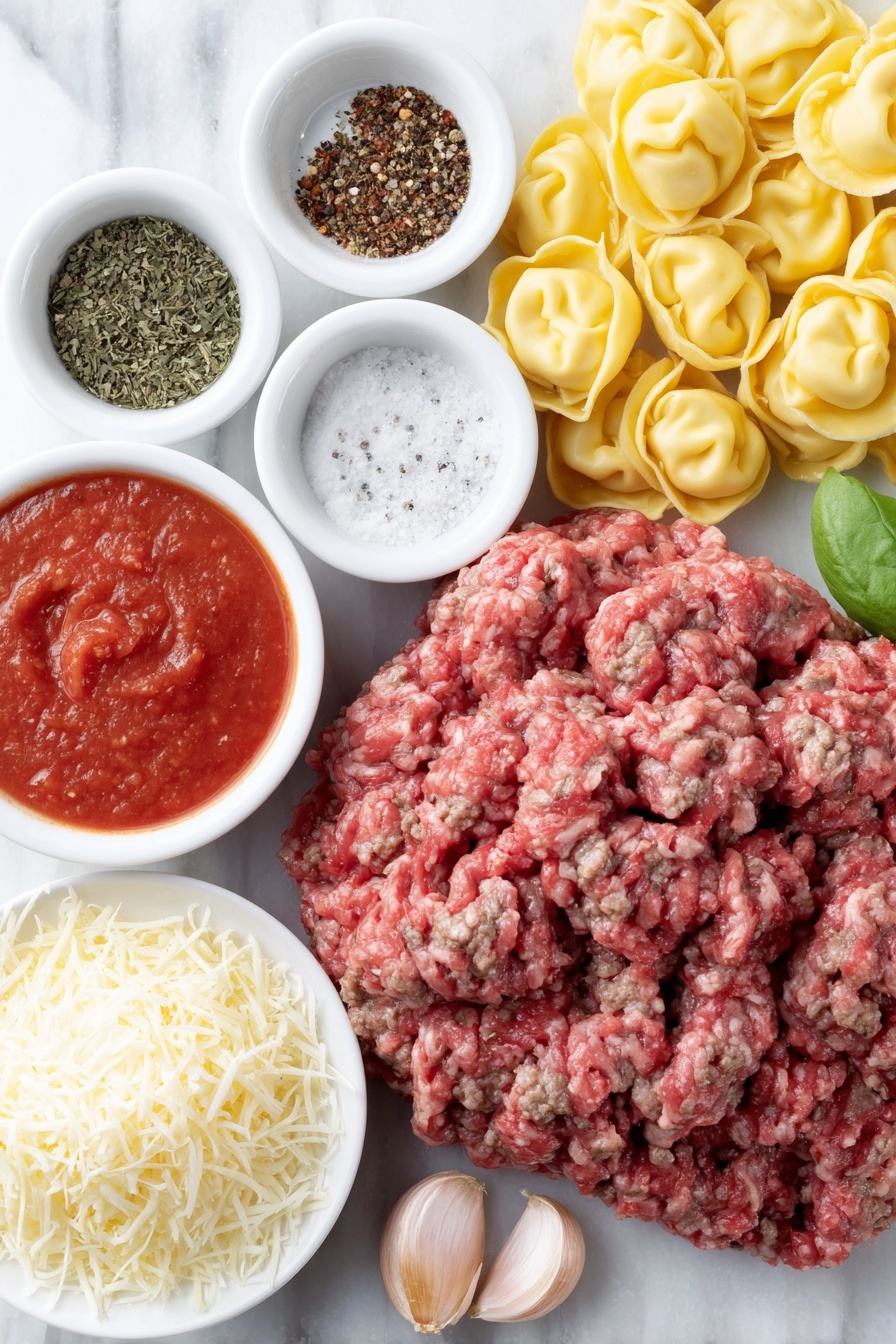 Cheesy Baked Tortellini with Beef, baked tortellini with beef, cheesy stuffed pasta bake, easy cheesy beef casserole, comfort food dinner recipes - Flat lay of a mound of fresh ground beef, three uncracked brown garlic cloves, small white bowls each containing dried basil, dried parsley, dried oregano, dried thyme, and a pinch of crushed red pepper flakes, a small white bowl of coarse salt and freshly ground black pepper, a small white bowl filled with vibrant red marinara sauce, a handful of uncooked cheese tortellini pasta with delicate folded edges, a small pile of shredded mozzarella cheese, and a small heap of grated Parmesan cheese, all neatly arranged in perfect symmetry on a simple white ceramic surface, placed on a clean white marble surface, soft natural light, photo taken with an iPhone, professional food photography style, fresh ingredients, white ceramic bowls, no bottles, no duplicates, no utensils, no packaging --ar 2:3 --v 7 --p m7354615311229779997