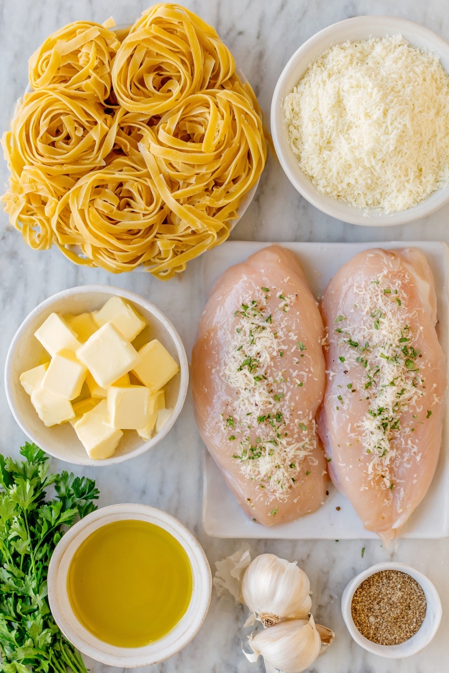 Creamy Fettuccine Alfredo with Chicken, Italian pasta with chicken, easy creamy chicken pasta, homemade Alfredo sauce, quick weeknight dinner - Flat lay of two raw boneless skinless chicken breasts seasoned with coarse sea salt and freshly ground black pepper, a small white ceramic bowl of golden olive oil, a neatly coiled nest of uncooked fettuccine pasta, four whole uncracked brown garlic bulbs, a small white bowl filled with pale creamy unsalted butter cubes, a small white bowl of fine all-purpose flour, a small white bowl of smooth half and half cream, a small white bowl containing fine sea salt, a delicate pinch of ground nutmeg and white pepper on a white ceramic plate, a small white bowl heaped with freshly grated Parmesan cheese, and a few sprigs of vibrant finely chopped fresh parsley, all arranged in perfect symmetry and balanced proportions, placed on a clean white marble surface, soft natural light, photo taken with an iPhone, professional food photography style, fresh ingredients, white ceramic bowls, no bottles, no duplicates, no utensils, no packaging --ar 2:3 --v 7 --p m7354615311229779997