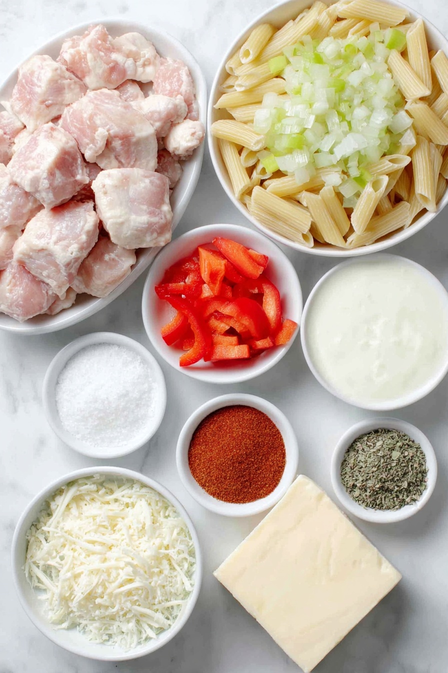 Creamy Cajun Chicken Pasta, Cajun chicken pasta, easy Cajun pasta recipe, cheesy Cajun pasta dish, spicy chicken pasta - Flat lay of cooked penne pasta, raw boneless skinless chicken breast pieces, a small mound of bright red sliced bell peppers, diced half yellow onion, a few sprigs of dried basil, a small white bowl of heavy cream, a small white bowl of smoked paprika powder, a small white bowl of garlic powder, a small white bowl of Cajun seasoning, a small white bowl of salt, a small white bowl of black pepper, a portion of fresh parmesan cheese wedge, and a few tablespoons of salted butter placed on a clean white marble surface, soft natural light, photo taken with an iPhone, professional food photography style, fresh ingredients, white ceramic bowls, no bottles, no duplicates, no utensils, no packaging --ar 2:3 --v 7 --p m7354615311229779997