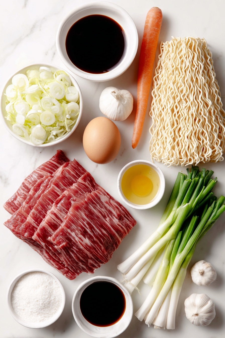 Beef Lo Mein Stir Fry, easy beef lo mein, quick Asian stir fry, flavorful beef noodles, homemade lo mein recipe - Flat lay of a small pile of raw flank steak strips, a medium whole carrot, a handful of sliced green cabbage, a small mound of thinly sliced white onion, five fresh scallions with green tops and white bottoms separated, five peeled garlic cloves roughly chopped, a small pile of dry lo mein noodles, a small white ceramic bowl with light brown oyster sauce, a small white ceramic bowl with dark soy sauce, a small white ceramic bowl with light soy sauce, a small white ceramic bowl with golden sesame oil, a small white ceramic bowl with white sugar, a small white ceramic bowl with white cornstarch, a small white ceramic bowl with clear water, a small white ceramic bowl with Shaoxing wine, one whole uncracked brown egg, and a few sprigs of fresh white peppercorns, arranged in perfect symmetry on simple white ceramic bowls and plates, placed on a clean white marble surface, soft natural light, photo taken with an iPhone, professional food photography style, fresh ingredients, white ceramic bowls, no bottles, no duplicates, no utensils, no packaging --ar 2:3 --v 7 --p m7354615311229779997