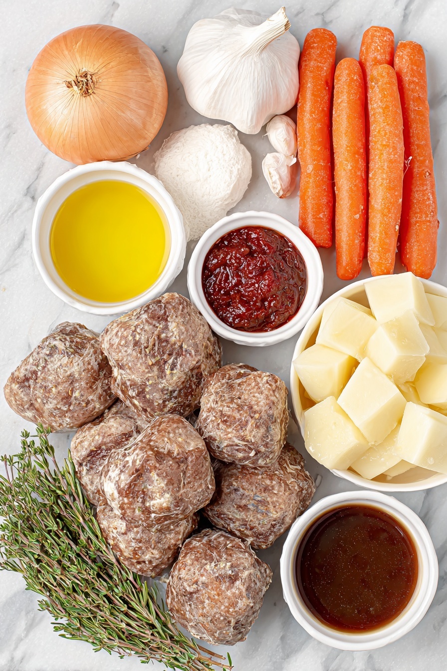 Vegan Irish Stew Gardein Beefless Tips, Vegan Irish Stew, Plant-Based Irish Stew, Vegetarian Irish Stew, Vegan Irish Stew Recipe - Flat lay of a large sweet onion with its papery skin removed, three large garlic cloves with smooth white skins, four peeled carrots cut into rustic chunks, four peeled Yukon Gold potatoes cut into chunks showing their creamy interior, a small white ceramic bowl filled with golden olive oil, a small white ceramic bowl holding bright red tomato paste, a small white ceramic bowl with dark brewing Guinness stout, a small white ceramic bowl containing rich vegetable broth, a small white ceramic bowl with vegan Worcestershire sauce, a small white ceramic bowl with light beige dried rosemary leaves, a small white ceramic bowl with dried thyme sprigs, a small white ceramic bowl with freshly ground black pepper, a small white ceramic bowl with pale white cornstarch powder, a small white ceramic bowl filled with clear water, and a portion of natural-looking browned Gardein beefless tips piled neatly, all arranged with perfect symmetry and realistic proportions, placed on a clean white marble surface, soft natural light, photo taken with an iPhone, professional food photography style, fresh ingredients, white ceramic bowls, no bottles, no duplicates, no utensils, no packaging --ar 2:3 --v 7 --p m7354615311229779997