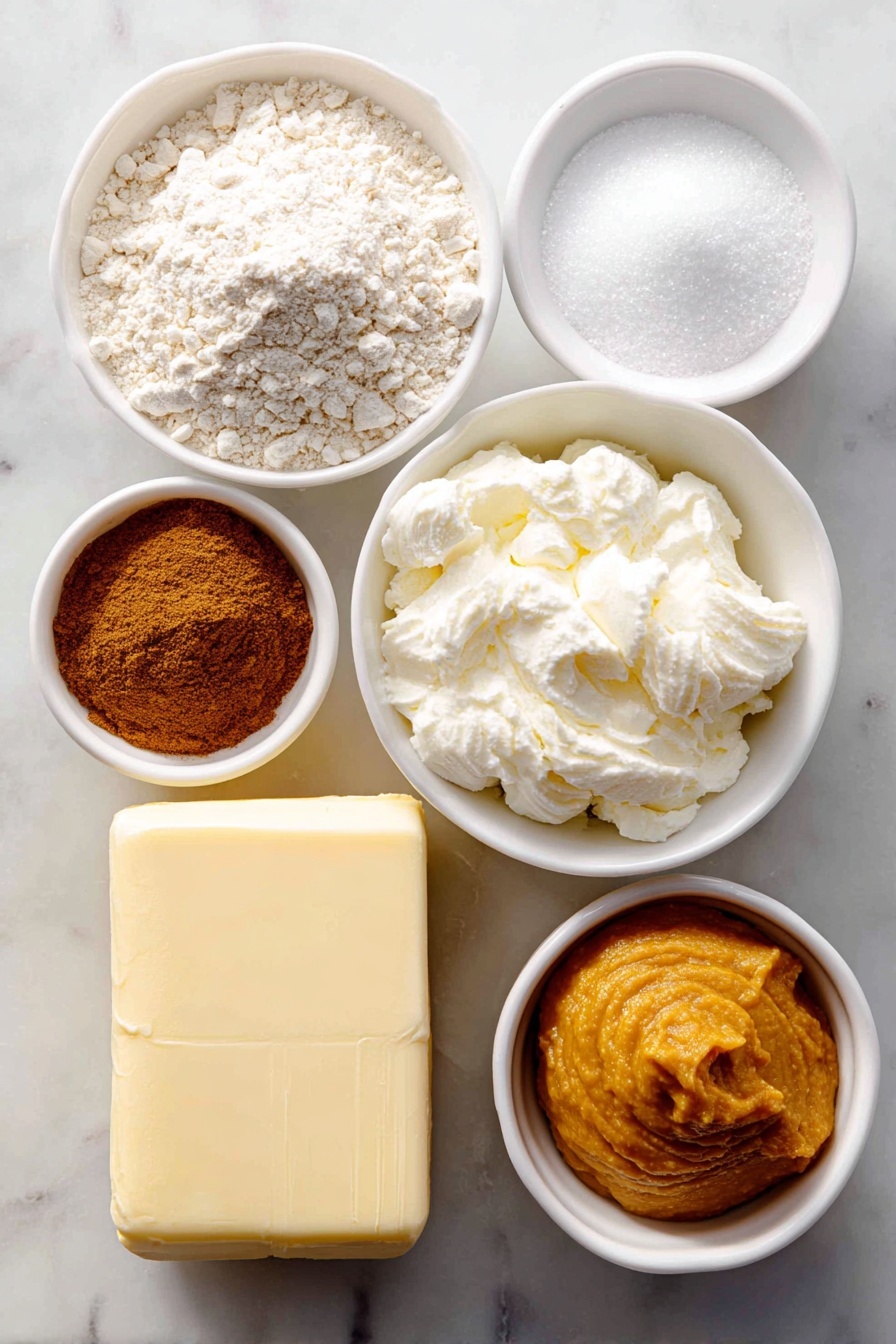 Vegan Pumpkin Crumble Bars, Pumpkin Bars Vegan, Fall Vegan Desserts, Pumpkin Crumble Bars Recipe, Vegan Pumpkin Bars - Flat lay of a small mound of all purpose flour, a neat pile of granulated sugar, a small white bowl of brown sugar, a few tablespoons of pumpkin pie spice arranged as a vibrant orange-brown powder, a small white bowl of fine cornstarch, a small white bowl filled with smooth, bright orange pumpkin puree, a small white bowl containing creamy full fat coconut milk, a few pinches of salt scattered beside a small heap of coarse salt crystals, and a block of pale yellow vegan butter softened with creamy texture, all placed on a clean white marble surface, soft natural light, photo taken with an iPhone, professional food photography style, fresh ingredients, white ceramic bowls, no bottles, no duplicates, no utensils, no packaging --ar 2:3 --v 7 --p m7354615311229779997