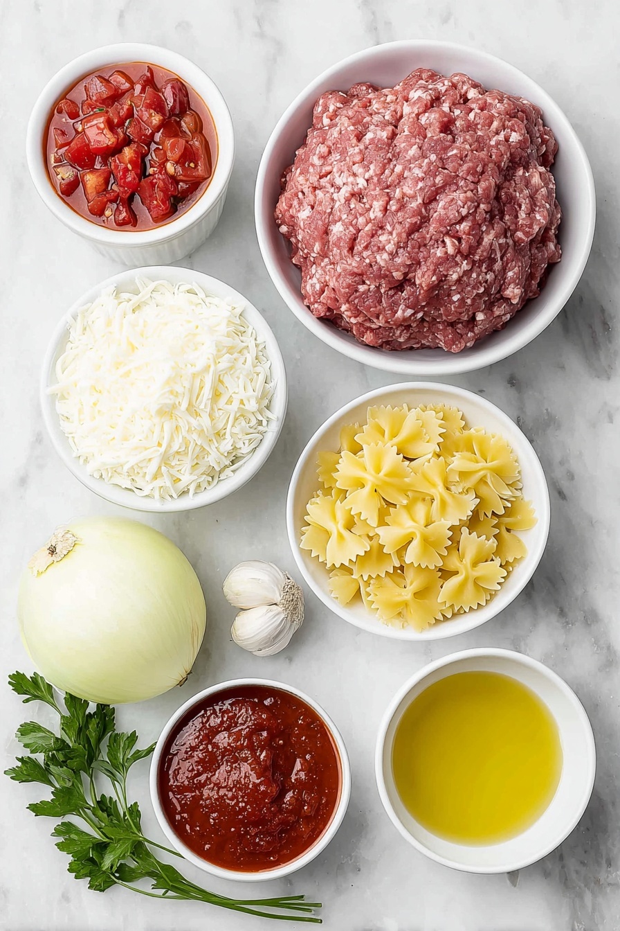 Lasagna Soup with Pasta and Cheese, easy lasagna soup, cheesy soup recipe, hearty tomato soup, weeknight comfort soup - Flat lay of a small pool of golden olive oil in a simple white ceramic bowl, a heap of fresh raw ground beef shaped naturally, a large peeled yellow onion cut in half to show its layers, four whole uncracked garlic cloves, a small white bowl filled with bright red diced tomatoes with juice, a small white bowl containing smooth tomato sauce, a smaller white bowl with thick, deep red tomato paste, a simple white bowl holding clear golden chicken broth, uncooked bowtie (farfalle) pasta scattered neatly in a small white bowl, a delicate mound of fresh ricotta cheese on a white ceramic plate, shredded mozzarella cheese in a small white bowl, freshly shaved parmesan cheese resting on a plain white plate, and a small bunch of fresh vibrant green parsley sprigs arranged elegantly beside them, all placed on a clean white marble surface, soft natural light, photo taken with an iPhone, professional food photography style, fresh ingredients, white ceramic bowls, no bottles, no duplicates, no utensils, no packaging --ar 2:3 --v 7 --p m7354615311229779997