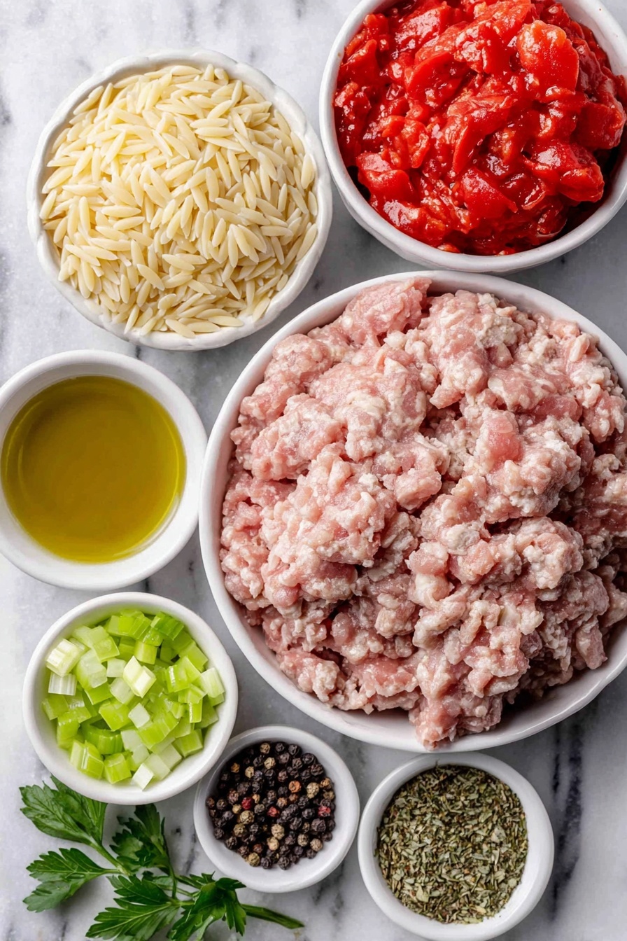 Italian Sausage Soup with Orzo, hearty sausage and orzo soup, comforting Italian sausage soup, easy sausage and orzo recipe, flavorful sausage soup - Flat lay of a small white ceramic bowl of golden olive oil, a pile of fresh Italian sausage meat, half a medium yellow onion diced, two bright green celery ribs chopped, three peeled garlic cloves finely grated, a small white ceramic bowl of uncooked orzo pasta, a simple white ceramic bowl filled with bright red diced tomatoes with juice, a small white ceramic bowl of rich golden chicken broth, a small white ceramic bowl of mixed Italian seasoning herbs, a small white ceramic bowl of coarse sea salt, a small white ceramic bowl of cracked black peppercorns, fresh sprigs of green parsley placed neatly, placed on a clean white marble surface, soft natural light, photo taken with an iPhone, professional food photography style, fresh ingredients, white ceramic bowls, no bottles, no duplicates, no utensils, no packaging --ar 2:3 --v 7 --p m7354615311229779997