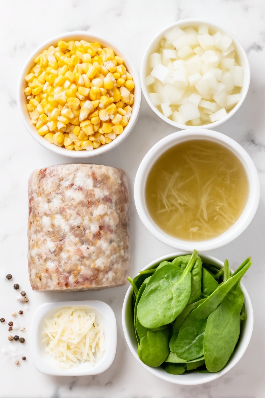 One-Pot Sausage and Spinach Orzo, easy sausage and spinach dinner, quick one-pot pasta with sausage, healthy sausage skillet, hearty spinach orzo recipe - Flat lay of a whole mild Italian chicken sausage, half a medium yellow onion chopped into small pieces, a small white ceramic bowl filled with bright yellow frozen corn kernels, a simple white ceramic bowl holding uncooked orzo pasta, a small white ceramic bowl with golden chicken broth, a loose pile of fresh packed baby spinach leaves, a small white ceramic bowl of freshly grated pale parmesan cheese, and a few twists of freshly ground black pepper scattered nearby, all arranged with perfect symmetry on a clean white marble surface, soft natural light, photo taken with an iPhone, professional food photography style, fresh ingredients, white ceramic bowls, no bottles, no duplicates, no utensils, no packaging --ar 2:3 --v 7 --p m7354615311229779997