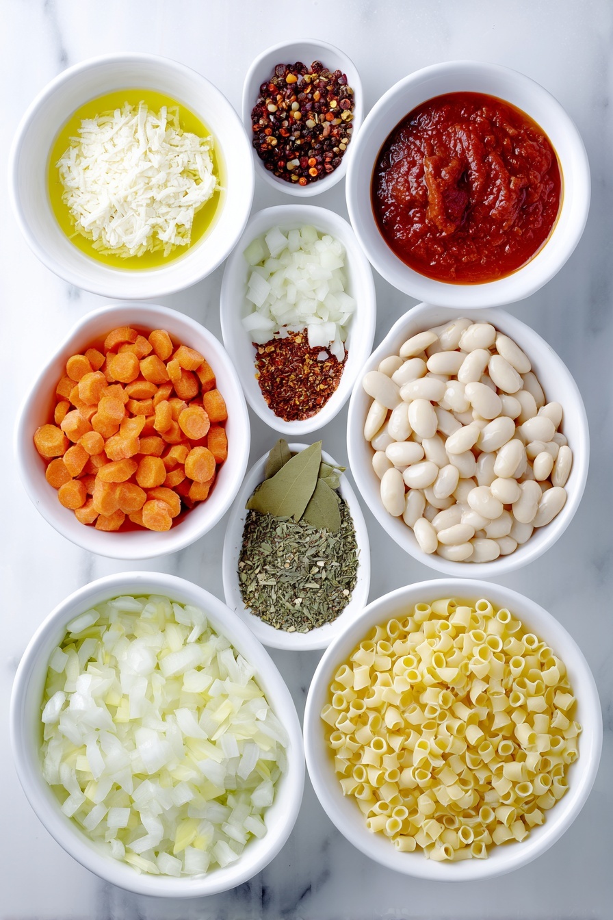 Creamy Pasta Fagioli Soup, hearty bean soup recipe, Italian comfort soup, quick pasta fagioli, wholesome soup with beans and pasta - Flat lay of a small white ceramic bowl of extra virgin olive oil, a small white ceramic bowl of diced fresh onion, a small white ceramic bowl of minced garlic cloves, a small white ceramic bowl of quartered fresh carrots, a small white ceramic bowl of rinsed and drained cannellini beans, a small white ceramic bowl of smooth tomato sauce, a single dried bay leaf, small piles of dried basil, dried parsley, dried oregano, black pepper, and red pepper flakes arranged neatly, a small white ceramic bowl of low sodium vegetable broth, a small white ceramic bowl of clear water, and a small white ceramic bowl of dry ditalini pasta, all ingredients fresh and natural, placed on a clean white marble surface, soft natural light, photo taken with an iPhone, professional food photography style, fresh ingredients, white ceramic bowls, no bottles, no duplicates, no utensils, no packaging --ar 2:3 --v 7 --p m7354615311229779997