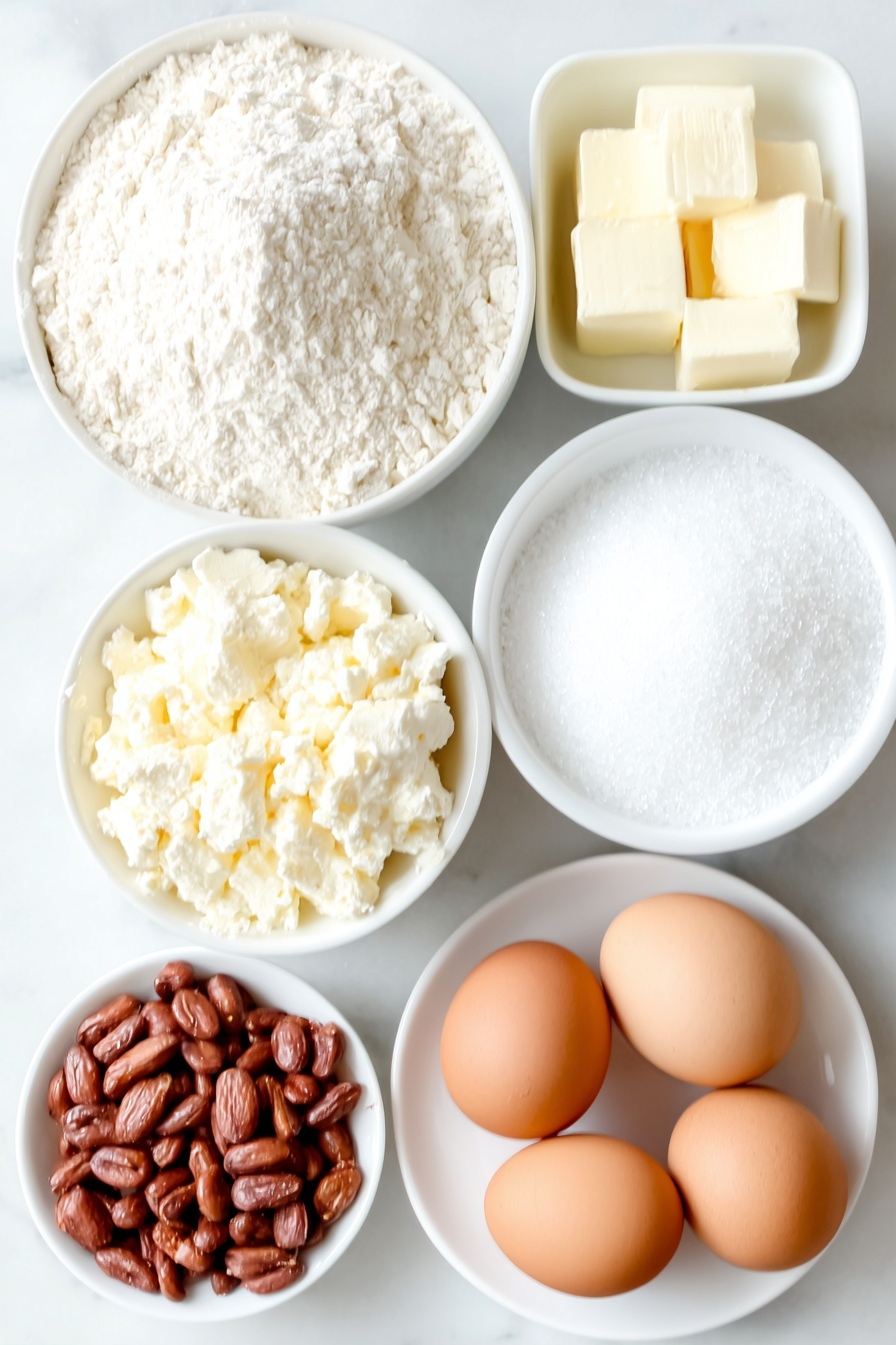 Peanut Butter Cake with Creamy Frosting, peanut butter cake, moist peanut butter cake, creamy frosting recipe, homemade peanut butter dessert - Flat lay of a small mound of all purpose flour, a small mound of granulated sugar, a small white bowl of baking soda powder, a small white bowl of salt crystals, a few cubes of unsalted butter, a small white bowl of water, a small dollop of creamy peanut butter, a small white bowl of vegetable oil, two whole uncracked brown eggs, a small white bowl of buttermilk, a small white bowl of vanilla extract, a small mound of sifted confectioner’s sugar, and a handful of roasted peanuts, all arranged symmetrically on simple white ceramic plates and bowls, placed on a clean white marble surface, soft natural light, photo taken with an iPhone, professional food photography style, fresh ingredients, white ceramic bowls, no bottles, no duplicates, no utensils, no packaging --ar 2:3 --v 7 --p m7354615311229779997