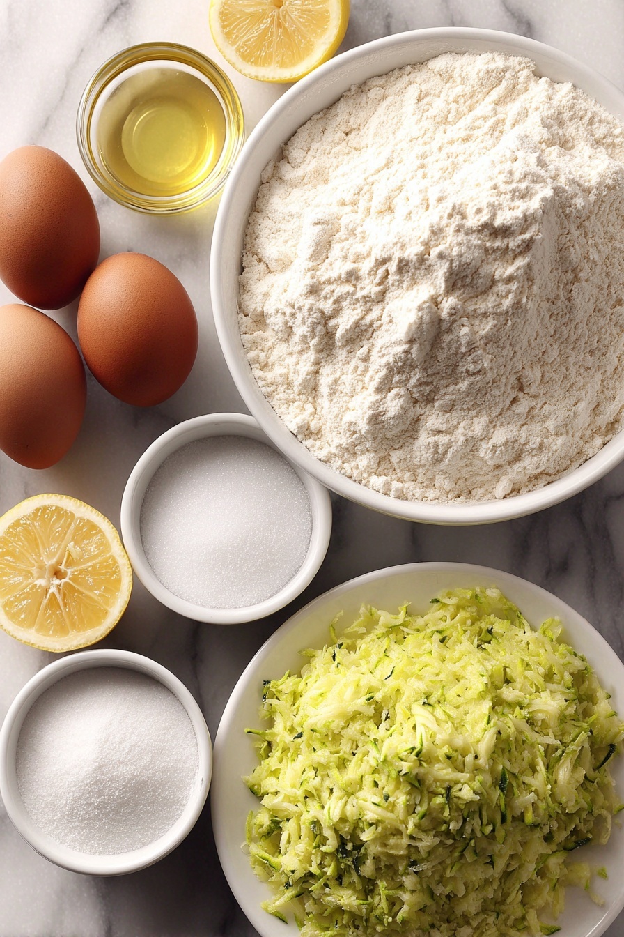 Lemon Zucchini Bread, zucchini bread with lemon, moist lemon zucchini loaf, quick zucchini bread recipes, lemon zucchini cake - Flat lay of all purpose flour in a small white ceramic bowl, kosher salt in a small white bowl, baking soda in a small white bowl, baking powder in a small white bowl, two large uncracked brown eggs, clear vegetable oil in a small white bowl, granulated white sugar in a small white bowl, vanilla extract in a small white bowl, shredded green zucchini piled loosely on a white ceramic plate, two whole bright yellow lemons with one sliced in half showing juicy interior, confectioners sugar in a small white bowl, all arranged symmetrically with perfect proportions, placed on a clean white marble surface, soft natural light, photo taken with an iPhone, professional food photography style, fresh ingredients, white ceramic bowls, no bottles, no duplicates, no utensils, no packaging --ar 2:3 --v 7 --p m7354615311229779997