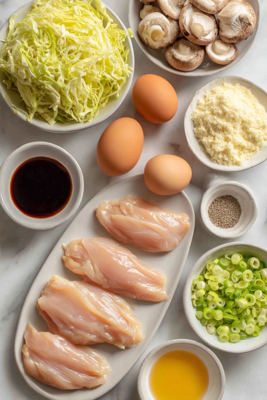 Moo Shu Chicken Stir-Fry, Chinese chicken stir-fry, quick stir-fry recipes, healthy chicken dinner, homemade stir-fry meal - Flat lay of thin strips of raw boneless skinless chicken breast, two whole uncracked brown eggs, fresh sliced shiitake mushrooms, a pile of sliced green Napa cabbage, thinly sliced green onions, small white ceramic bowls containing thick dark hoisin sauce, soy sauce, clear rice vinegar, minced garlic cloves, freshly grated ginger, cornstarch powder, golden sesame oil, ground black pepper, and pale golden mirin, all arranged symmetrically on a clean white marble surface, soft natural light, photo taken with an iPhone, professional food photography style, fresh ingredients, white ceramic bowls, no bottles, no duplicates, no utensils, no packaging --ar 2:3 --v 7 --p m7354615311229779997