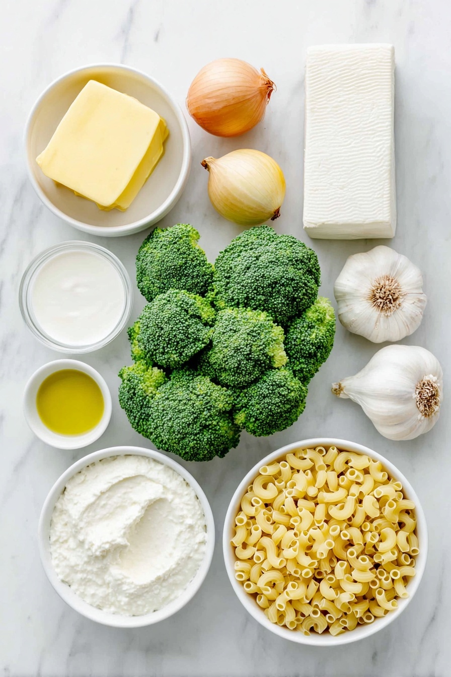 Creamy Broccoli Pasta, creamy broccoli pasta recipe, cheesy broccoli pasta, easy broccoli pasta dinner, quick vegetarian pasta - Flat lay of a small pat of fresh yellow butter, a small white bowl of golden olive oil, a whole unpeeled yellow onion, vibrant green broccoli florets, four peeled garlic cloves, a small white bowl filled with thick heavy cream, a block of fresh mozzarella cheese, a wedge of parmesan cheese, a small white bowl with clear pasta water, and uncooked ditalini pasta scattered neatly, all arranged symmetrically on simple white ceramic bowls and plates, placed on a clean white marble surface, soft natural light, photo taken with an iPhone, professional food photography style, fresh ingredients, white ceramic bowls, no bottles, no duplicates, no utensils, no packaging --ar 2:3 --v 7 --p m7354615311229779997