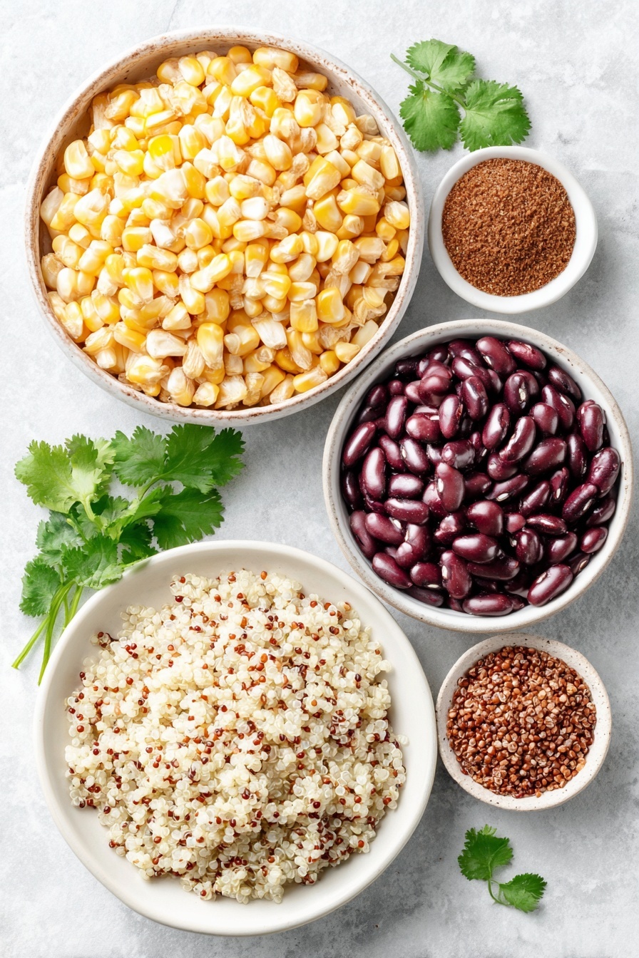 Easy Mexican Quinoa Bowl, Mexican Quinoa Bowl, healthy quinoa bowls, quick weeknight dinner, flavorful vegetarian meals - Flat lay of fresh yellow corn kernels in a small white ceramic bowl, cooked fluffy white quinoa spread loosely on a simple white ceramic plate, a small white bowl filled with shiny black beans, a small white bowl containing vibrant red salsa, a small white bowl with warm brown ground cumin powder, and a few bright green sprigs of fresh cilantro arranged neatly, all placed on a clean white marble surface, soft natural light, photo taken with an iPhone, professional food photography style, fresh ingredients, white ceramic bowls, no bottles, no duplicates, no utensils, no packaging --ar 2:3 --v 7 --p m7354615311229779997