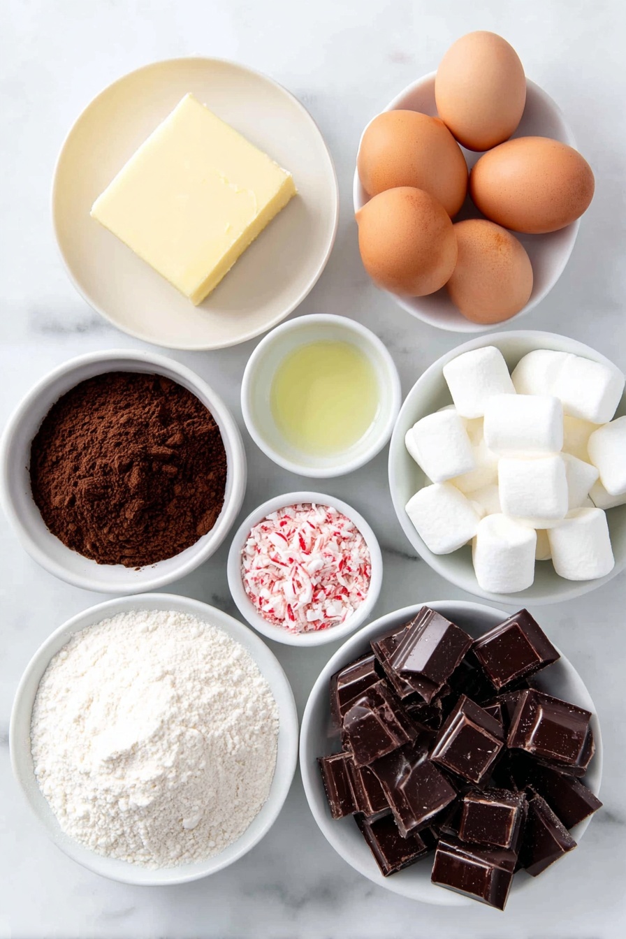 Peppermint Hot Chocolate Cookies, festive cookie recipes, winter dessert ideas, peppermint cookie video, chocolate marshmallow cookies - Flat lay of a pile of broken semi-sweet dark chocolate pieces, a few cubes of unsalted butter, a small mound of all-purpose flour, a pinch of baking powder next to a tiny heap of salt, a small white bowl filled with Dutch-process cocoa powder, three whole brown eggs with clean shells, a small cluster of light brown sugar, a small white bowl with clear vanilla extract, a small white bowl containing peppermint extract, a handful of semisweet chocolate chunks, several large white marshmallows, and a small white bowl with crushed red-and-white peppermint candy, all arranged in perfect symmetry on simple white ceramic dishes, placed on a clean white marble surface, soft natural light, photo taken with an iPhone, professional food photography style, fresh ingredients, white ceramic bowls, no bottles, no duplicates, no utensils, no packaging --ar 2:3 --v 7 --p m7354615311229779997