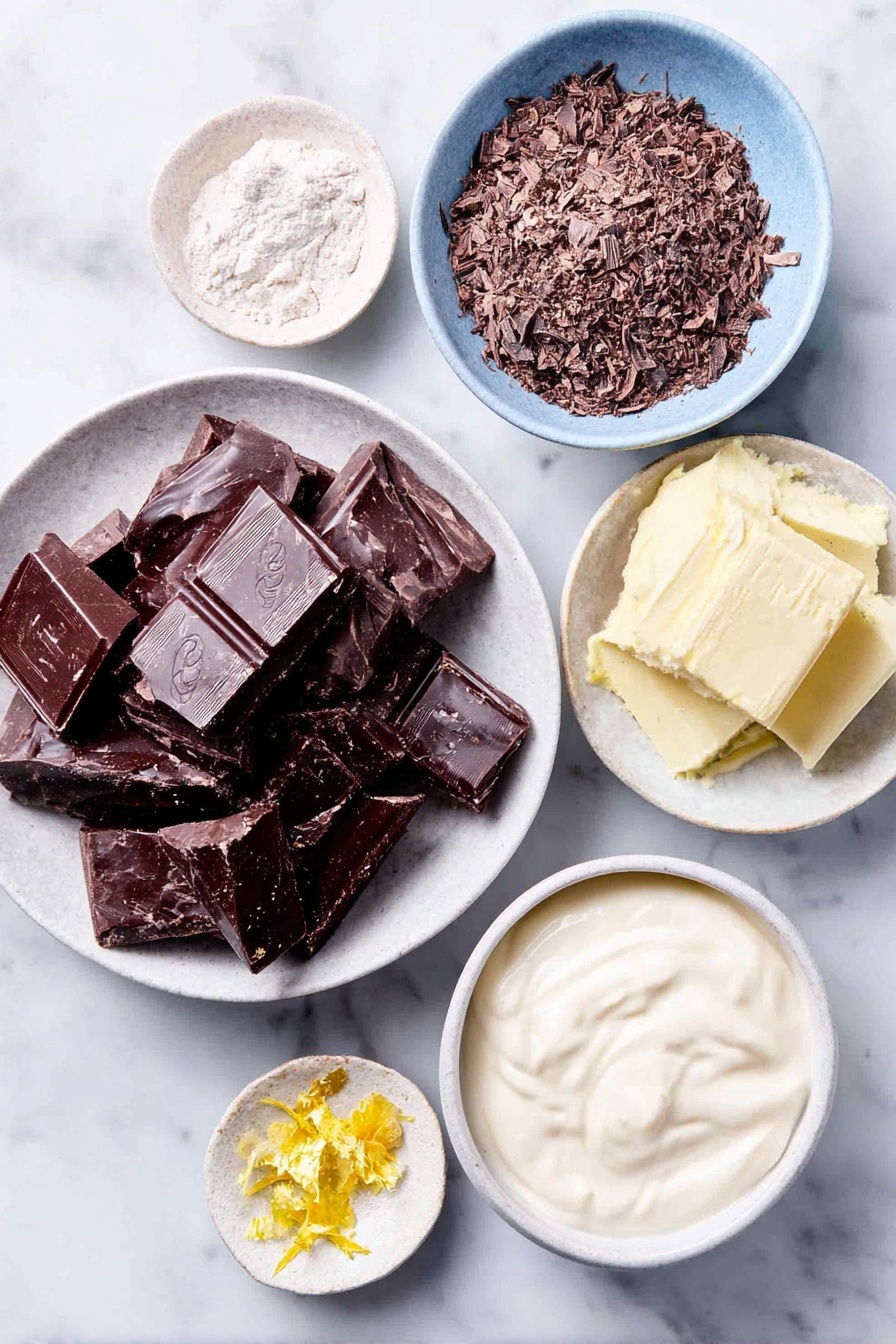 Chocolate Orange Truffles, chocolate orange candies, citrus chocolate treats, homemade chocolate truffles, orange-flavored chocolates - Flat lay of finely chopped dark chocolate pieces, a small white bowl of heavy cream, a few bright orange zest strips, smooth dark chocolate chunks for enrobing, fresh orange peel curls, delicate sheets of edible gold leaf arranged flat, all placed in simple white ceramic bowls and dishes, perfectly balanced and symmetrical arrangement on a clean white marble surface, soft natural light, photo taken with an iPhone, professional food photography style, fresh ingredients, white ceramic bowls, no bottles, no duplicates, no utensils, no packaging --ar 2:3 --v 7 --p m7354615311229779997