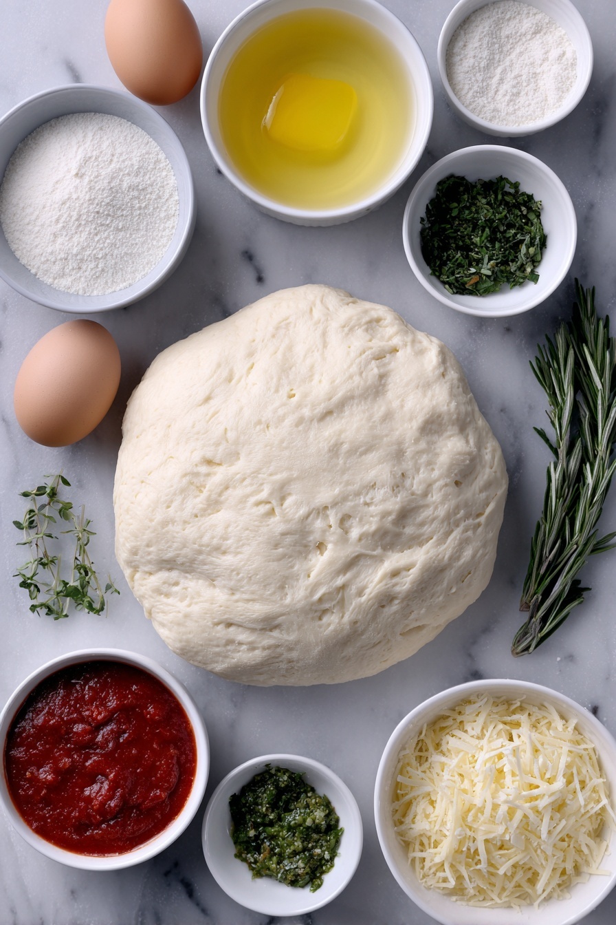 Cheesy Christmas Tree Bread, festive bread ideas, holiday pull-apart bread, Christmas party snacks, cheesy holiday bread - Flat lay of fresh unrolled pizza dough ball, several mozzarella cheese sticks, one large whole brown egg, small white bowl of water, small white bowl with melted butter, small white bowl with grated parmesan cheese, small white bowl with finely chopped fresh parsley, small white bowl with finely chopped fresh rosemary, small white bowl with finely chopped fresh basil, small white bowl with grated garlic, small white bowl of bright red marinara sauce, and small white bowl of green pesto sauce, all arranged symmetrically with perfect balance, placed on a clean white marble surface, soft natural light, photo taken with an iPhone, professional food photography style, fresh ingredients, white ceramic bowls, no bottles, no duplicates, no utensils, no packaging --ar 2:3 --v 7 --p m7354615311229779997