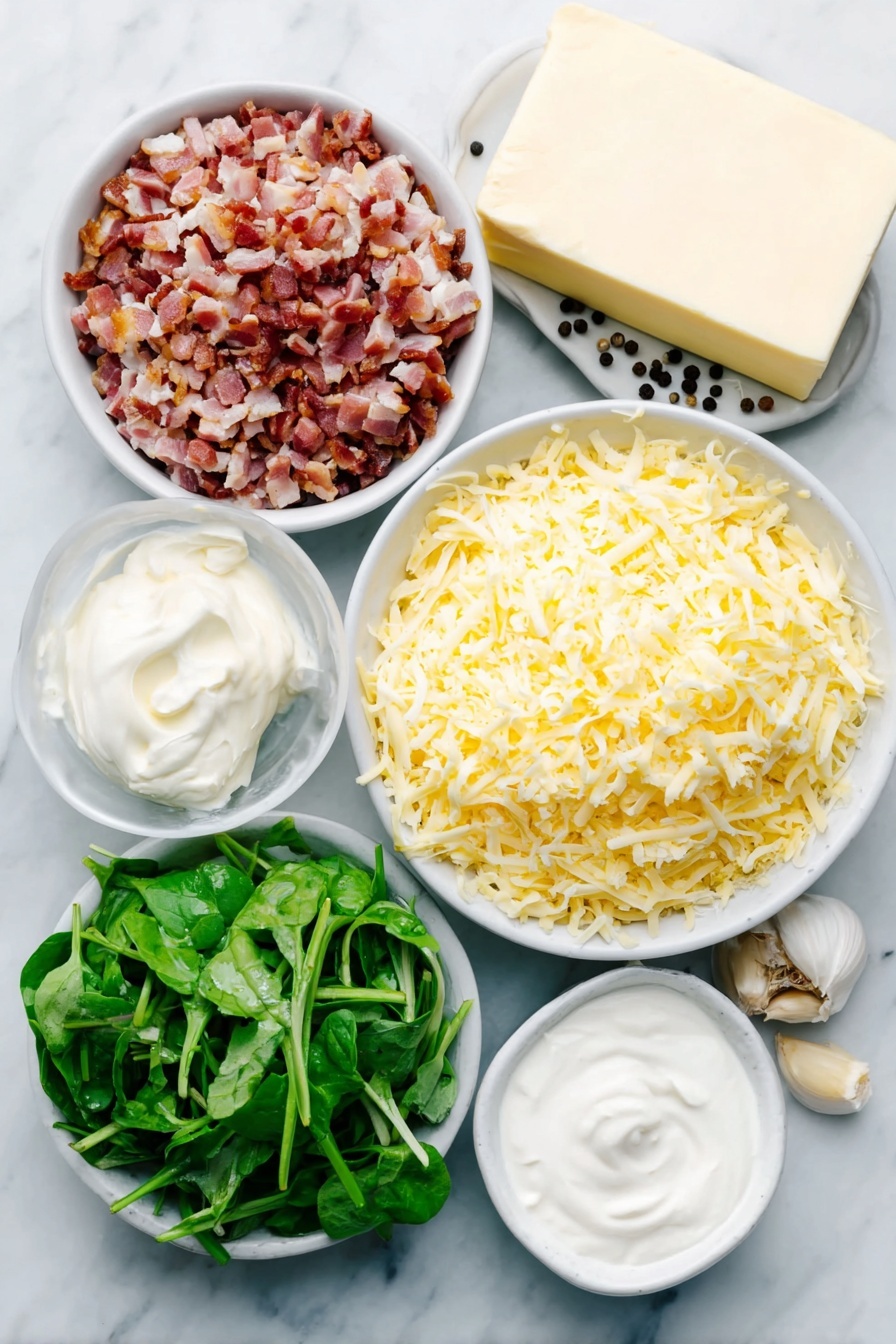 Bacon Spinach Artichoke Dip, cheesy bacon spinach dip, easy bacon appetizer, crowd-pleasing dip recipes, baked spinach artichoke dip - Flat lay of crispy small diced bacon pieces, finely chopped artichoke hearts, tightly squeezed fresh green spinach leaves, a block of smooth cream cheese, shredded gouda cheese piled lightly, a small white bowl of sour cream, a small white bowl of mayonnaise, freshly grated parmesan cheese mound, two peeled garlic cloves, and black peppercorns scattered neatly, all arranged symmetrically on simple white ceramic bowls and plates, placed on a clean white marble surface, soft natural light, photo taken with an iPhone, professional food photography style, fresh ingredients, white ceramic bowls, no bottles, no duplicates, no utensils, no packaging --ar 2:3 --v 7 --p m7354615311229779997