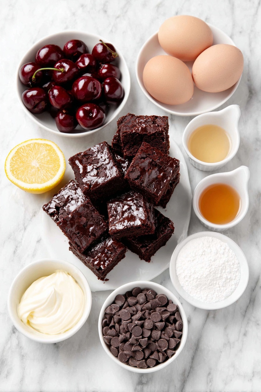 Black Forest Trifle Cherry and Chocolate, Black Forest dessert, Chocolate cherry trifle, layered cherry chocolate cake, easy Black Forest dessert - Flat lay of a small stack of rich chocolate cake cubes, a handful of glossy dark red pitted cherries, a small white bowl with a few tablespoons of granulated sugar, a small white bowl with a pale slurry of water and cornstarch, a lemon wedge, a tiny white bowl with light amber almond extract, a tiny white bowl of clear vanilla extract, a few whole brown eggs with clean shells, a small white bowl filled with cold heavy whipping cream, another small white bowl with fine white confectioners sugar, and a small handful of shiny mini semi-sweet chocolate chips, all arranged symmetrically with perfect proportions on a clean white marble surface, soft natural light, photo taken with an iPhone, professional food photography style, fresh ingredients, white ceramic bowls, no bottles, no duplicates, no utensils, no packaging --ar 2:3 --v 7 --p m7354615311229779997