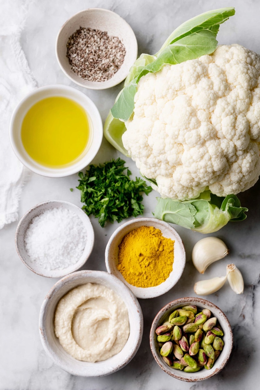 Roasted Cauliflower with Tahini Sauce, roasted cauliflower recipe, tahini sauce ideas, healthy roasted cauliflower, easy vegetarian dinner - Flat lay of a medium whole cauliflower head with some green leaves attached, a small white ceramic bowl of golden olive oil, a small white ceramic bowl containing vibrant yellow turmeric powder, a small white ceramic bowl with whole cumin seeds, a small white ceramic bowl of flaky sea salt, a small white ceramic bowl filled with creamy beige tahini paste, a small white ceramic bowl of fresh lemon juice with tiny pulp bits visible, a small white ceramic bowl holding a peeled garlic clove, a small white ceramic bowl of roughly chopped bright green flat-leaf parsley, a small white ceramic bowl of roughly chopped fresh mint leaves, a small white ceramic bowl of shelled green pistachios, all perfectly arranged symmetrically and balanced, placed on a clean white marble surface, soft natural light, photo taken with an iPhone, professional food photography style, fresh ingredients, white ceramic bowls, no bottles, no duplicates, no utensils, no packaging --ar 2:3 --v 7 --p m7354615311229779997