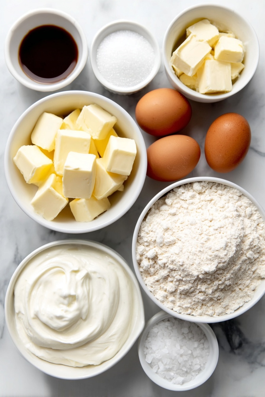 Homemade Angel Biscuits, easy biscuit recipe, flaky homemade biscuits, soft butter biscuits, breakfast biscuit recipes - Flat lay of a small white ceramic bowl of warm water, a small white ceramic bowl of granulated sugar, two brown eggs with clean shells, a small white ceramic bowl of rapid rise instant yeast granules, a small white ceramic bowl filled with all-purpose flour, a small white ceramic bowl of unsalted butter chopped into small cubes, a small white ceramic bowl of butter-flavored shortening chunks, a small white ceramic bowl of buttermilk, a small white ceramic bowl of heavy whipping cream, and a small white ceramic bowl of salt crystals, all arranged with perfect symmetry, fresh and natural, placed on a clean white marble surface, soft natural light, photo taken with an iPhone, professional food photography style, fresh ingredients, white ceramic bowls, no bottles, no duplicates, no utensils, no packaging --ar 2:3 --v 7 --p m7354615311229779997