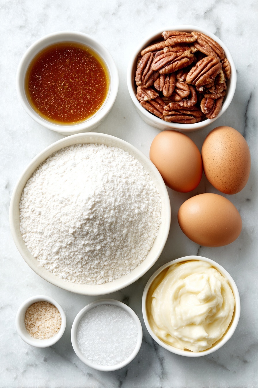 Old-Fashioned Divinity Candy, divinity candy recipe, homemade divinity, classic candy recipe, pecan divinity candy - Flat lay of three whole uncracked brown eggs, a small mound of white granulated sugar on a simple white ceramic plate, a small white ceramic bowl filled with clear light corn syrup, a small white ceramic bowl of clear water, a few pecan halves scattered neatly on a white ceramic dish, a tiny white ceramic bowl with fine white salt crystals, and a small white ceramic bowl containing smooth vanilla bean paste, all arranged symmetrically and balanced, placed on a clean white marble surface, soft natural light, photo taken with an iPhone, professional food photography style, fresh ingredients, white ceramic bowls, no bottles, no duplicates, no utensils, no packaging --ar 2:3 --v 7 --p m7354615311229779997