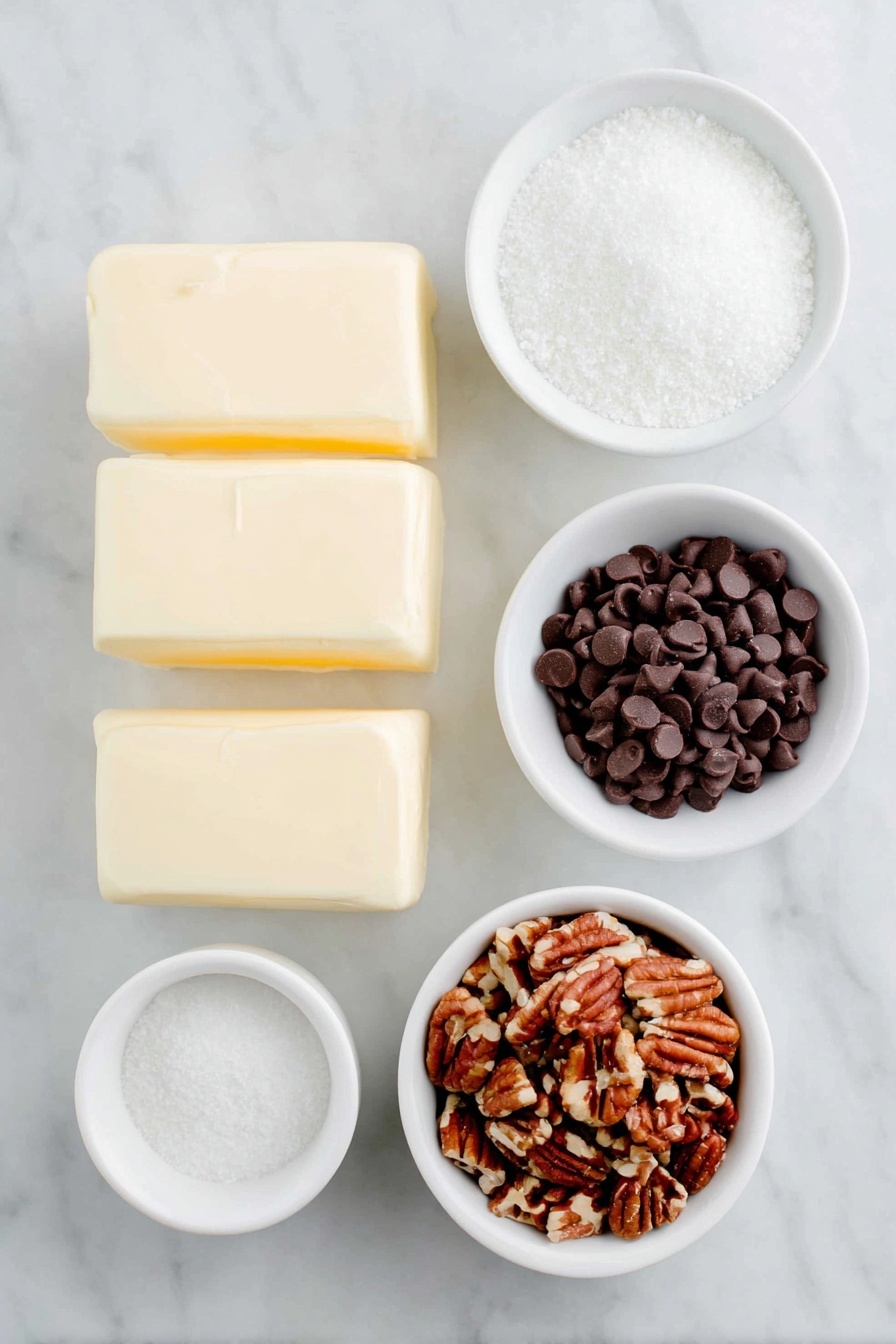 Homemade Toffee with Chocolate and Pecans, Toffee recipe with chocolate and pecans, easy toffee with nuts and chocolate, homemade brittle with pecans, caramel toffee dessert - Flat lay of two sticks of fresh unsalted butter with clean edges, a small white ceramic bowl filled with granulated sugar, a small white ceramic bowl heaped with glossy semisweet chocolate chips, and a small white ceramic bowl holding finely chopped pecans, all arranged symmetrically on a clean white marble surface, soft natural light, photo taken with an iPhone, professional food photography style, fresh ingredients, white ceramic bowls, no bottles, no duplicates, no utensils, no packaging --ar 2:3 --v 7 --p m7354615311229779997