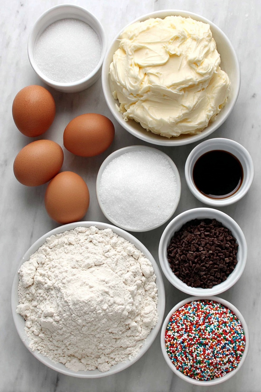 Festive Pinwheel Cookies, holiday swirl cookies, Christmas pinwheel cookies, colorful holiday cookies, festive cookie recipes - Flat lay of a small mound of softened salted butter, a small white bowl filled with granulated sugar, another small white bowl with powdered sugar, two whole uncracked brown eggs, a small white bowl of vanilla extract, a heaping pile of all-purpose flour, a small white bowl containing baking powder, a small white bowl with salt, a small white bowl holding vibrant red gel food coloring, a small white bowl with rich green gel food coloring, and a small white bowl filled with colorful holiday nonpareils, all arranged symmetrically on a clean white marble surface, soft natural light, photo taken with an iPhone, professional food photography style, fresh ingredients, white ceramic bowls, no bottles, no duplicates, no utensils, no packaging --ar 2:3 --v 7 --p m7354615311229779997