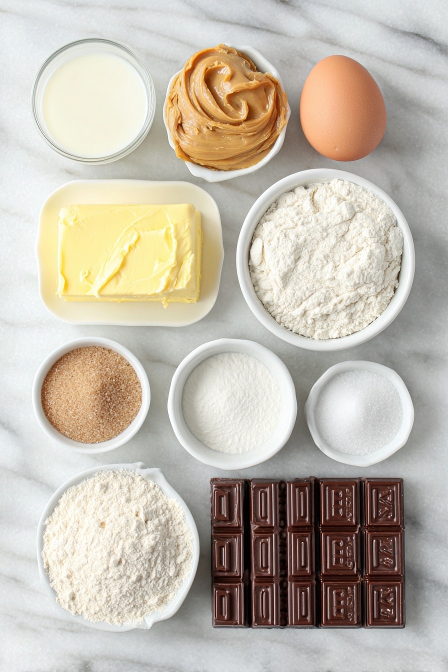Reese's Peanut Butter Cup Cookies, peanut butter chocolate cookies, easy peanut butter cookies, soft chewy cookie recipes, Reese's dessert ideas - Flat lay of creamy peanut butter in a smooth dollop, a small mound of soft salted butter, two small heaps of granulated sugar and brown sugar side by side, one whole uncracked brown egg, a small white ceramic bowl filled with milk, a small white bowl containing clear vanilla extract, a neat pile of all-purpose flour, a small white bowl with baking powder, a tiny heap of salt, and a neat stack of Reese’s Peanut Butter Thins arranged in a simple row, all placed on a clean white marble surface, soft natural light, photo taken with an iPhone, professional food photography style, fresh ingredients, white ceramic bowls, no bottles, no duplicates, no utensils, no packaging --ar 2:3 --v 7 --p m7354615311229779997