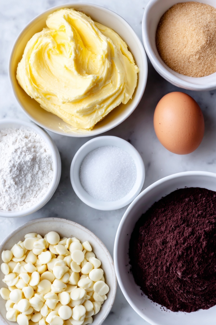Inside Out Chocolate Chip Cookies, chocolate chip cookie recipe, cocoa cookies with white chocolate, chewy chocolate chip cookies, fun cookie recipes - Flat lay of a small white ceramic bowl of softened golden butter, a small white ceramic bowl of white granulated sugar, a small white ceramic bowl of packed light brown sugar, one large whole egg with a clean shell, a small white ceramic bowl of pure vanilla extract, a small white ceramic bowl of all-purpose flour, a small white ceramic bowl of rich dark cocoa powder, a small white ceramic bowl of fine baking soda, a small white ceramic bowl of fine salt, a small white ceramic bowl of creamy milk, a small white ceramic bowl filled with white chocolate chips scattered naturally, all arranged symmetrically and balanced, placed on a clean white marble surface, soft natural light, photo taken with an iPhone, professional food photography style, fresh ingredients, white ceramic bowls, no bottles, no duplicates, no utensils, no packaging --ar 2:3 --v 7 --p m7354615311229779997