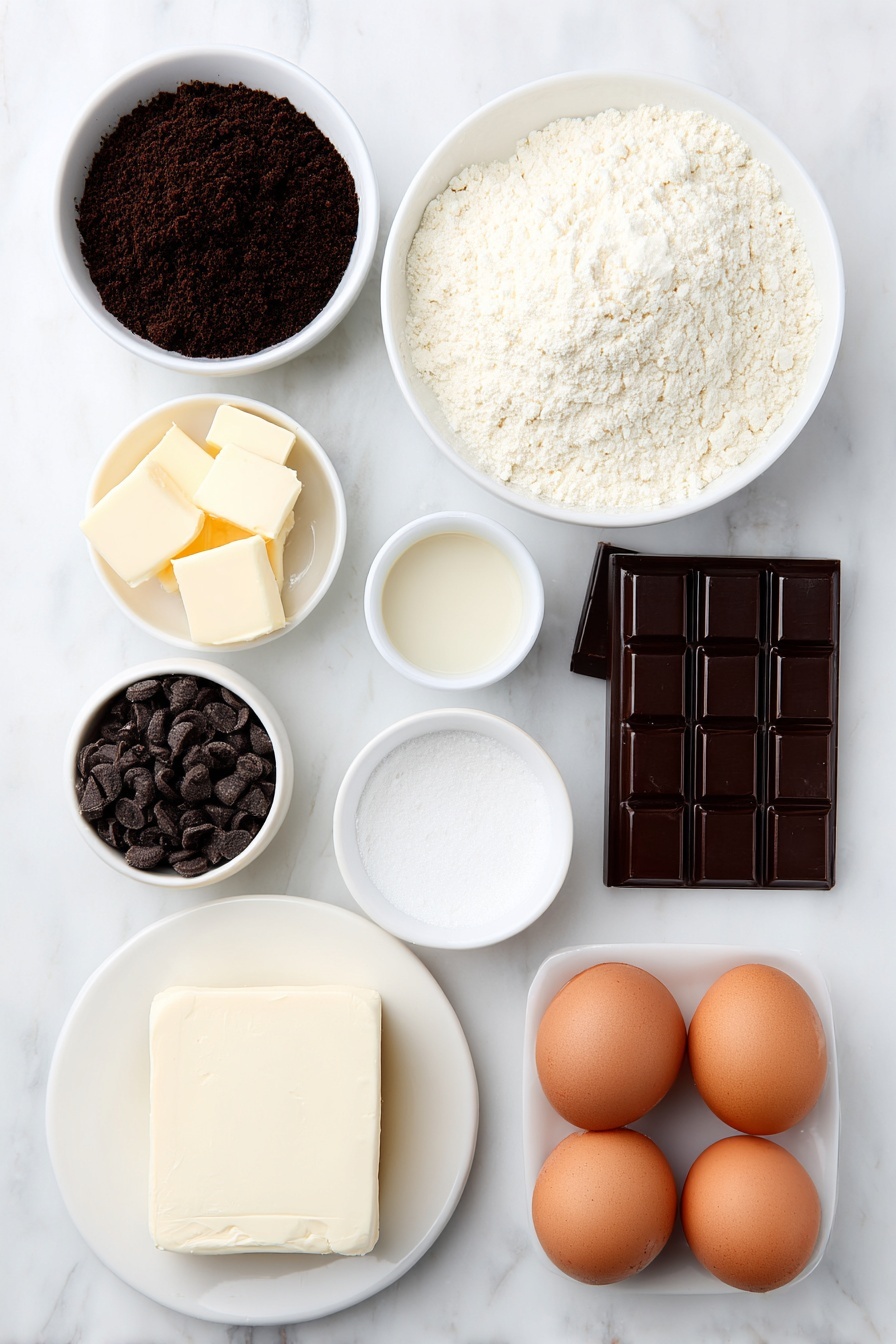 Chocolate Cheesecake Bars with Oreo Crust, Oreo Cheesecake Bars, Fudgy Chocolate Cheesecake Bars, No-Bake Oreo Cheesecake, Easy Chocolate Cheesecake Bars - Flat lay of a small white ceramic bowl filled with fine Oreo crumbs made from black and white sandwich cookies, next to a few squares of unsalted golden melted butter on a simple white ceramic plate; a block of creamy white cream cheese with a smooth surface on a white ceramic dish, accompanied by a small white bowl of fine white granulated sugar, and another small white bowl holding dark brown unsweetened cocoa powder; a broken dark glossy chocolate bar with rich texture on a white ceramic plate; a small white bowl containing thick pale heavy cream next to a tiny white bowl with clear vanilla extract; four large brown eggs with clean, uncracked shells arranged neatly on a white ceramic plate; and a small white bowl filled with shiny semi-sweet chocolate chips alongside another small white bowl of rich heavy cream—all ingredients fresh and natural, perfectly symmetrical and balanced, placed on a clean white marble surface, soft natural light, photo taken with an iPhone, professional food photography style, fresh ingredients, white ceramic bowls, no bottles, no duplicates, no utensils, no packaging --ar 2:3 --v 7 --p m7354615311229779997