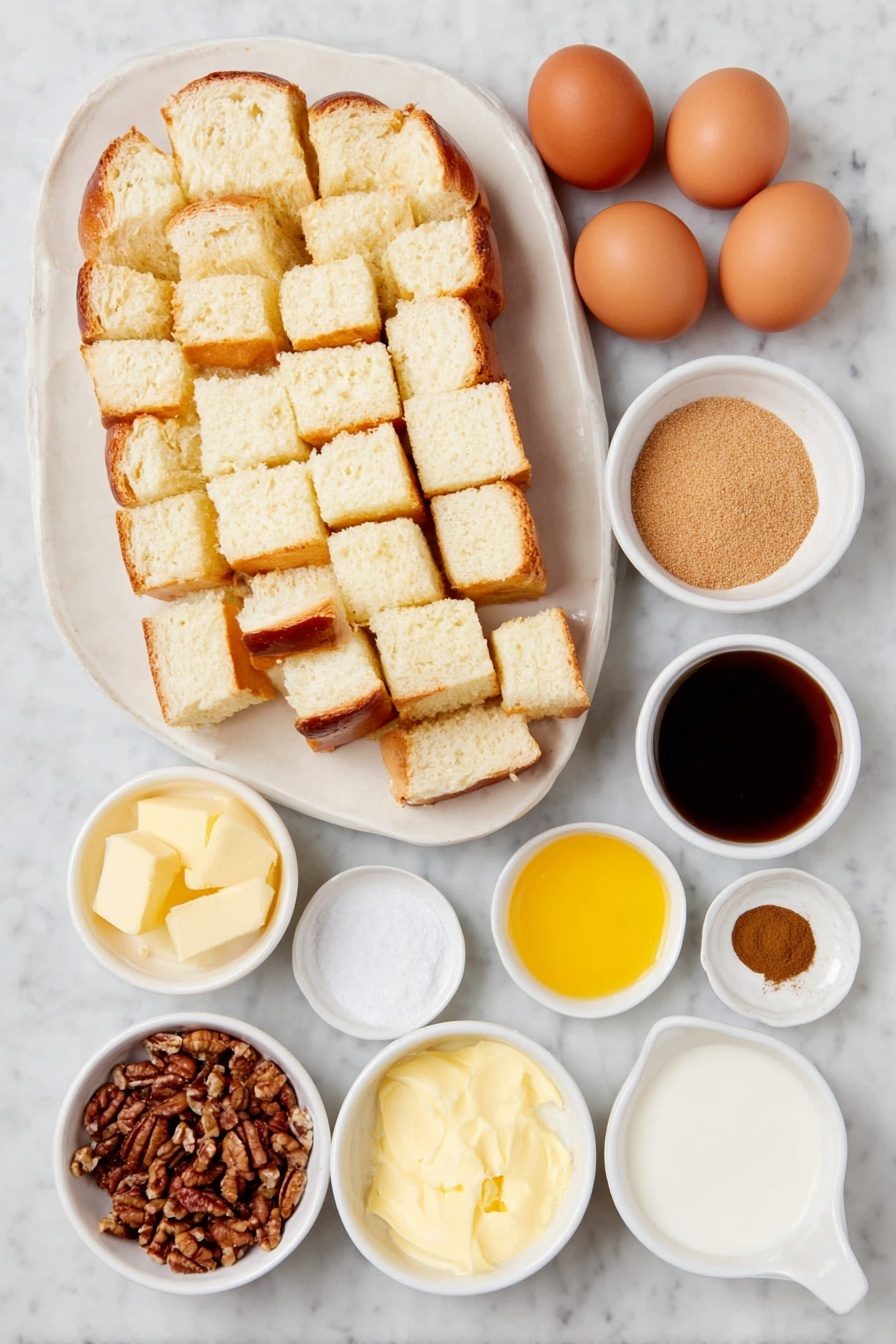 Easy French Toast Casserole with Pecans, French Toast Casserole with Pecans, Breakfast Casserole with Pecans, Easy Breakfast Recipes, Weekend Brunch Ideas - Flat lay of a sliced loaf of challah bread cut into 1-inch cubes on a simple white ceramic plate, five whole uncracked brown eggs arranged neatly, a small white bowl of fresh milk, a small white bowl of golden brown sugar, a small white bowl of ground cinnamon, a small white bowl of ground nutmeg, a small white bowl of coarse sea salt, a small white bowl of amber maple syrup, a small white bowl of melted unsalted butter, and a small white bowl of chopped pecans, all placed on a clean white marble surface, soft natural light, photo taken with an iPhone, professional food photography style, fresh ingredients, white ceramic bowls, no bottles, no duplicates, no utensils, no packaging --ar 2:3 --v 7 --p m7354615311229779997