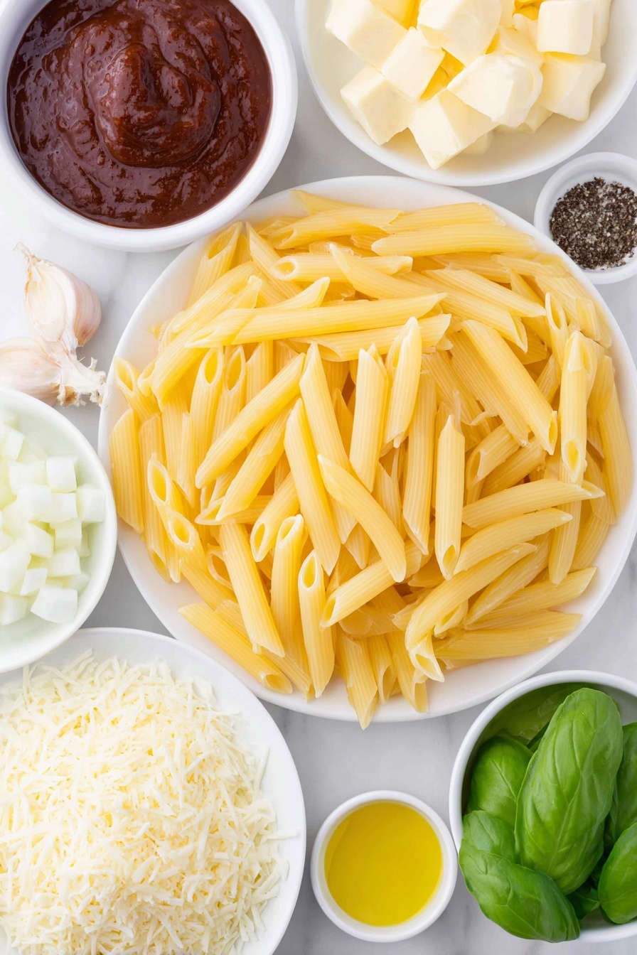 Creamy Penne alla Vodka, pasta recipes, creamy vodka pasta, easy penne pasta, indulgent pasta dishes - Flat lay of uncooked penne pasta scattered neatly next to a small drizzle of golden olive oil in a white ceramic bowl, a few chunks of creamy butter arranged beside finely chopped white onion, one uncracked brown garlic clove peeled and whole, a small white bowl filled with rich red tomato paste, another white bowl holding thick heavy cream, a pinch of coarse salt and freshly ground black pepper displayed side by side on the white surface, a few fresh bright green basil leaves sliced thin and loosely fanned out, and a small pile of finely grated parmesan cheese on a simple white plate, all placed on a clean white marble surface, soft natural light, photo taken with an iPhone, professional food photography style, fresh ingredients, white ceramic bowls, no bottles, no duplicates, no utensils, no packaging --ar 2:3 --v 7 --p m7354615311229779997